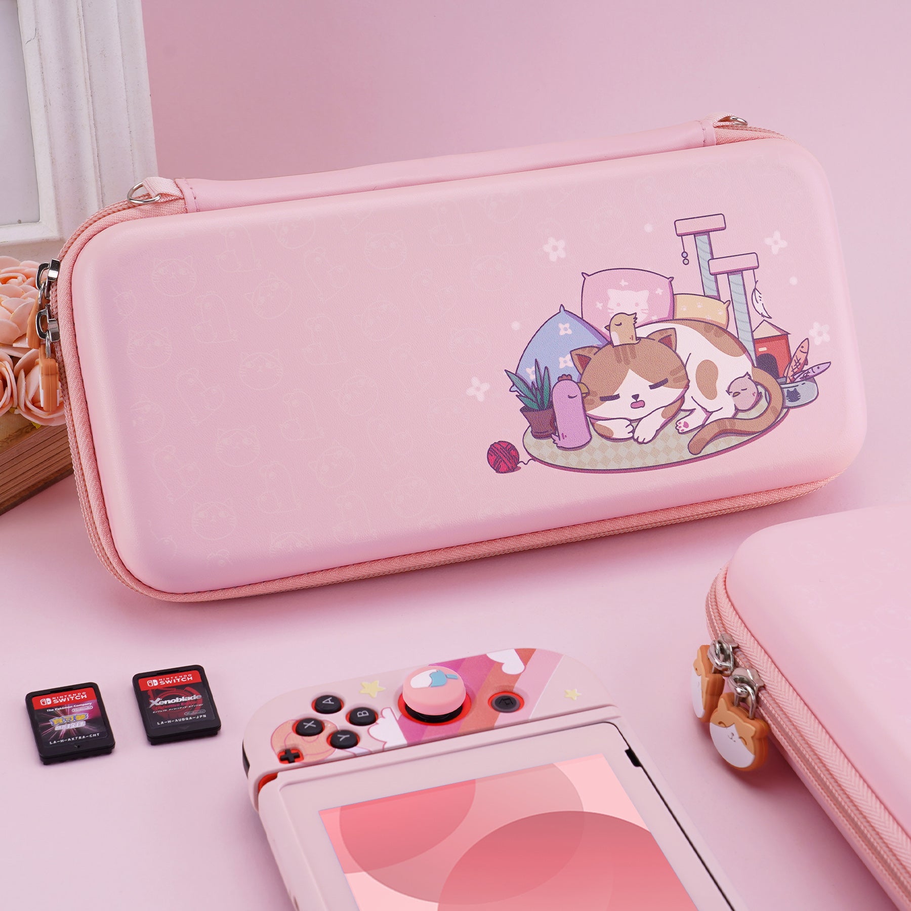 PlayVital Pink Cute Switch Carrying Case, Switch Portable Pouch, Soft Velvet Lining Switch Storage Bag, Travel Case for NS Switch OLED with Thumb Grips Game Cards Slots & Inner Pocket - Kitten & Chicken - NTW002 PlayVital