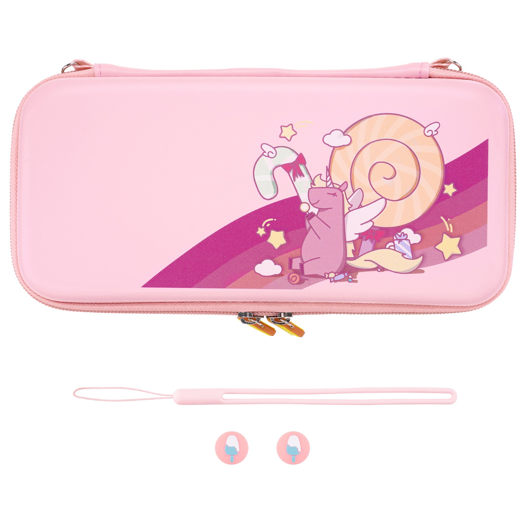 PlayVital Pink Cute Switch Carrying Case, Switch Portable Pouch, Soft Velvet Lining Switch Storage Bag, Travel Case for NS Switch OLED with Thumb Grips Game Cards Slots & Inner Pocket - Candy Rainbow Unicorn - NTW003 PlayVital