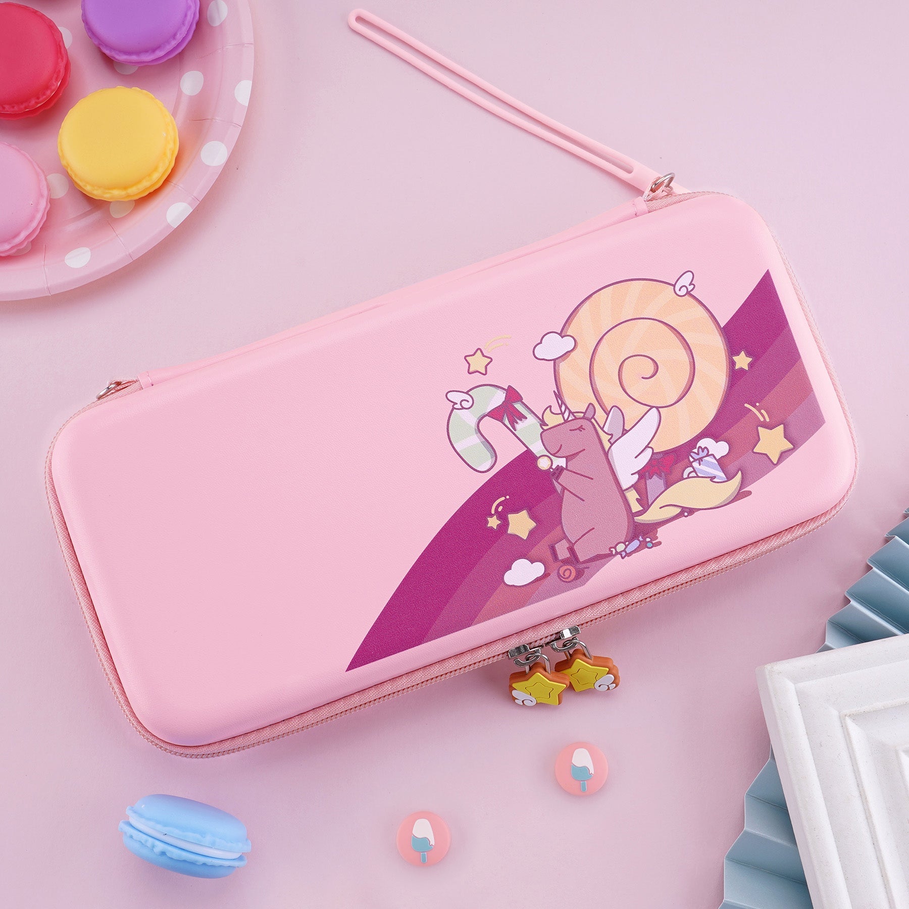 PlayVital Pink Cute Switch Carrying Case, Switch Portable Pouch, Soft Velvet Lining Switch Storage Bag, Travel Case for NS Switch OLED with Thumb Grips Game Cards Slots & Inner Pocket - Candy Rainbow Unicorn - NTW003 PlayVital