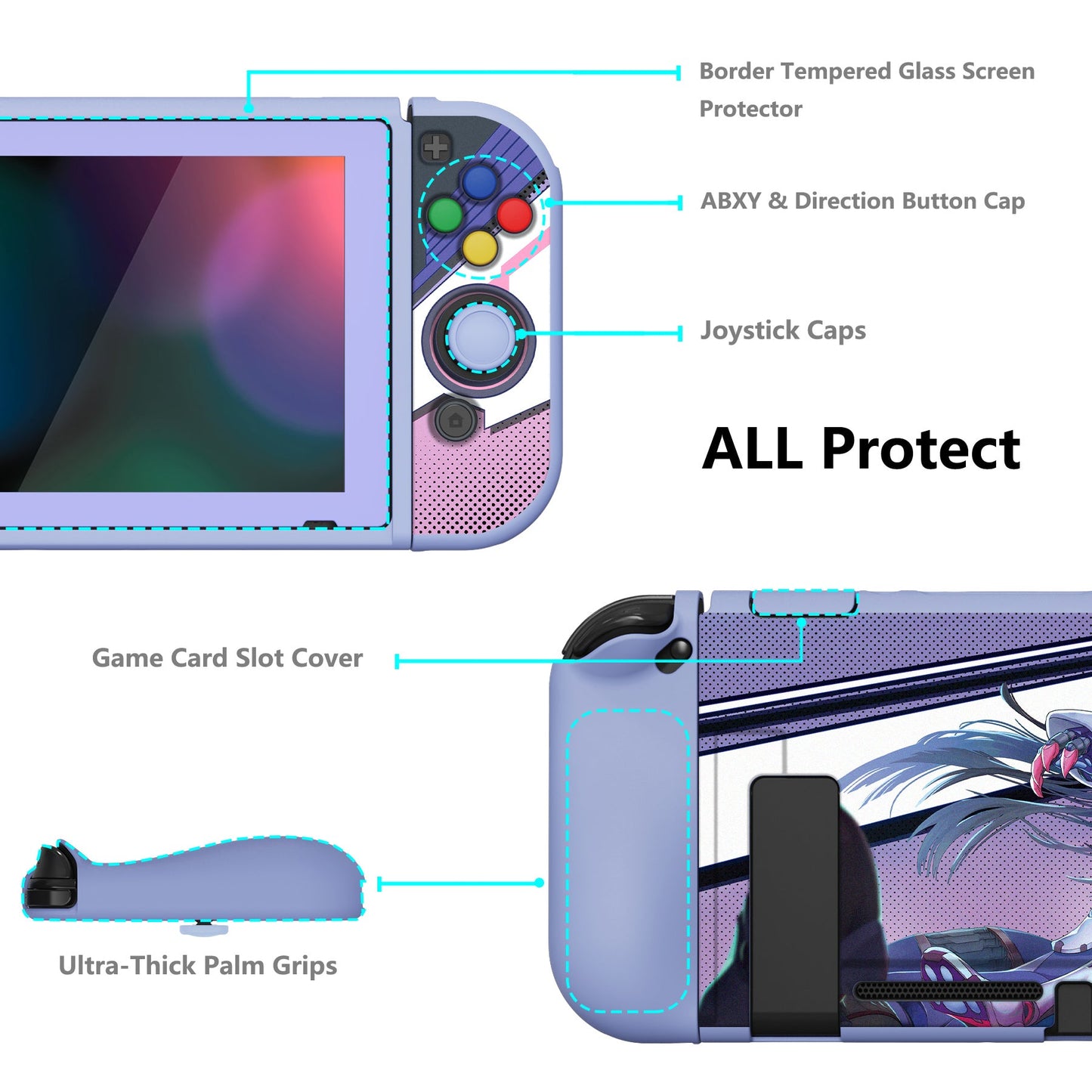 PlayVital ZealProtect Soft Protective Case for Nintendo Switch, Flexible Cover for Switch with Tempered Glass Screen Protector & Thumb Grips & ABXY Direction Button Caps - Neko Mecha - RNSYV6036 playvital