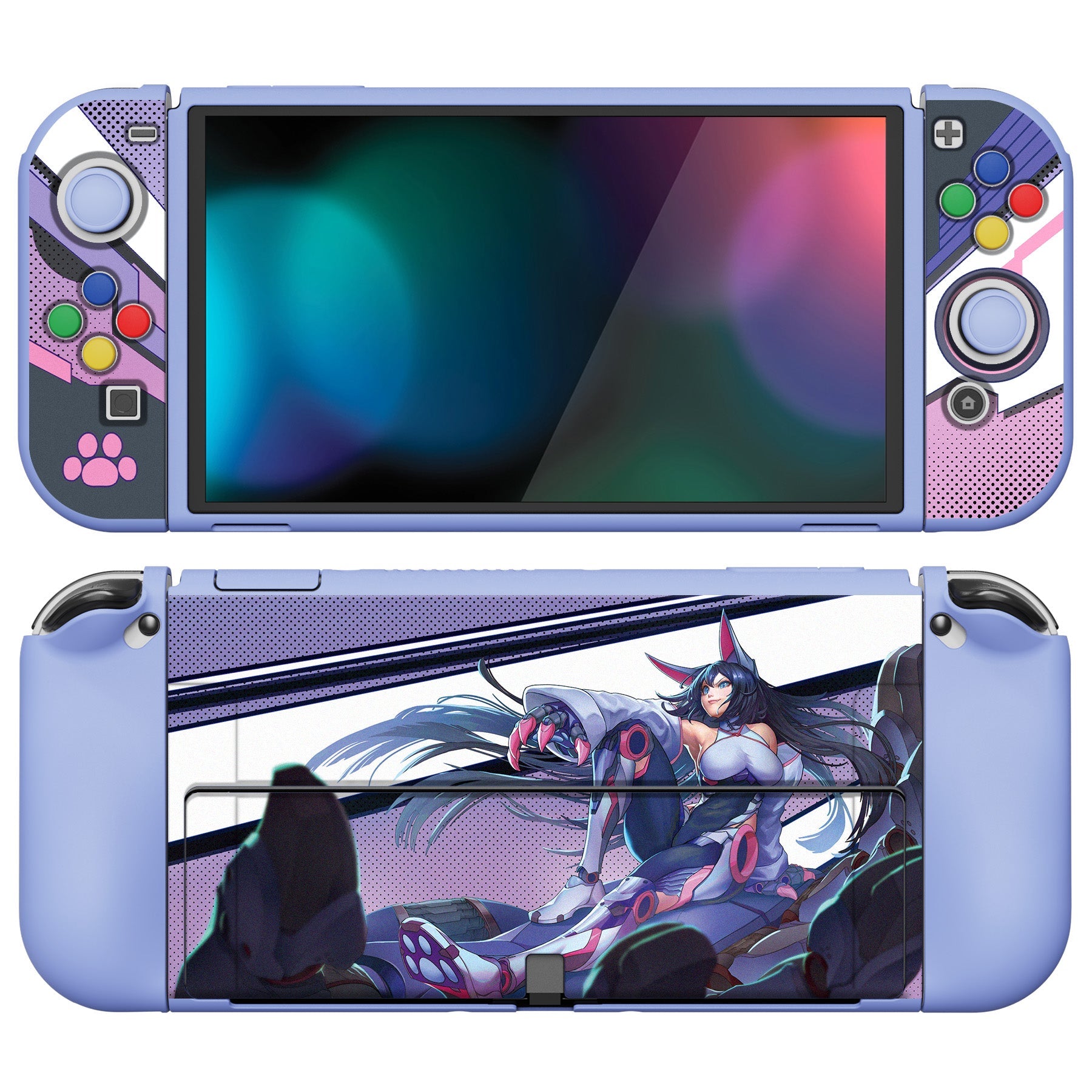 PlayVital ZealProtect Soft Protective Case for Switch OLED, Flexible Protector Joycon Grip Cover for Switch OLED with Thumb Grip Caps & ABXY Direction Button Caps - Neko Mecha - XSOYV6026 playvital