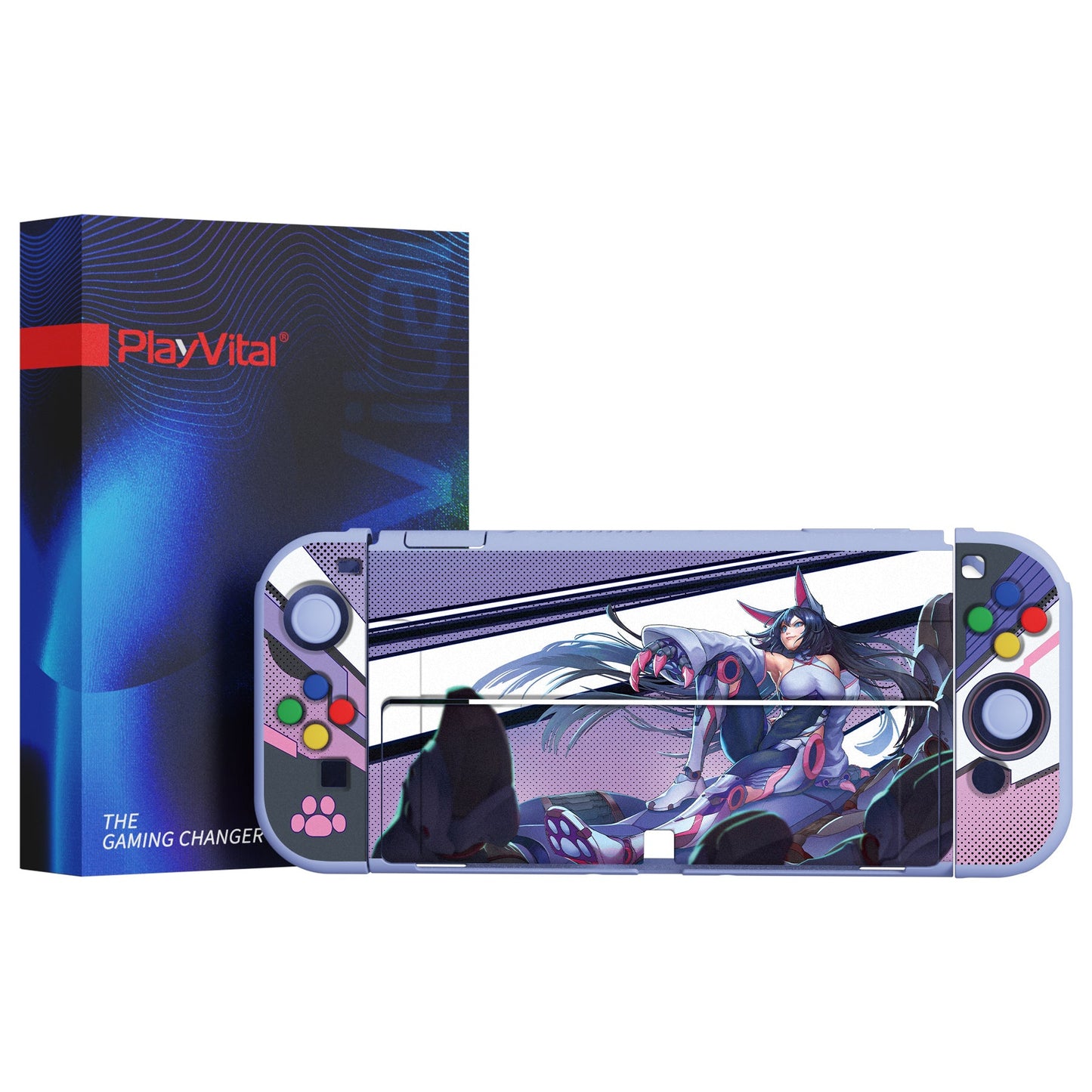 PlayVital ZealProtect Soft Protective Case for Switch OLED, Flexible Protector Joycon Grip Cover for Switch OLED with Thumb Grip Caps & ABXY Direction Button Caps - Neko Mecha - XSOYV6026 playvital