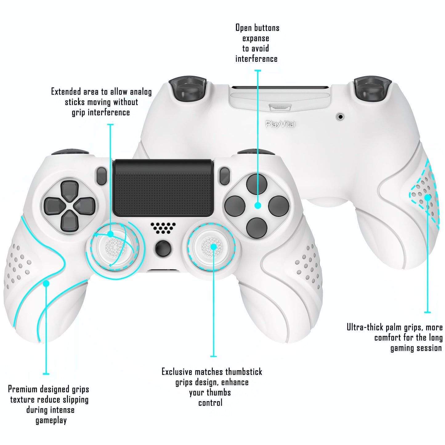 PlayVital Guardian Edition White Ergonomic Soft Anti-Slip Controller Silicone Case Cover for PS4, Rubber Protector Skins with white Joystick Caps for PS4 Slim PS4 Pro Controller - P4CC0060 playvital