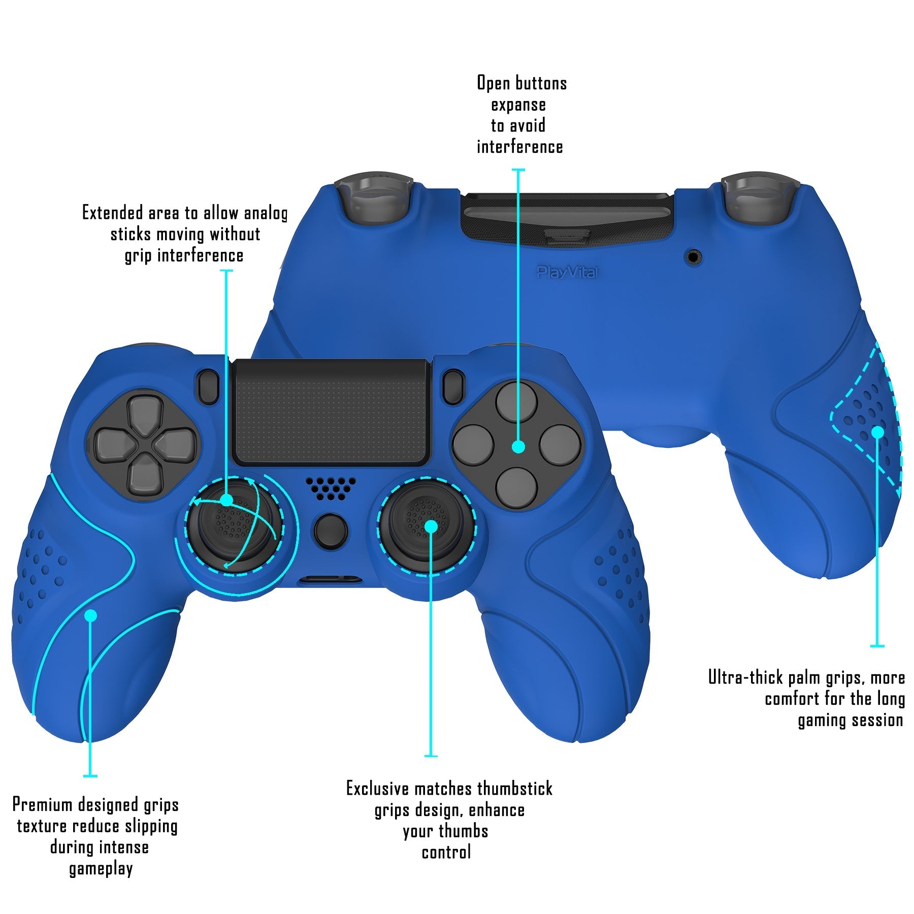 PlayVital Guardian Edition Blue Ergonomic Soft Anti-Slip Controller Silicone Case Cover for PS4, Rubber Protector Skins with black Joystick Caps for PS4 Slim PS4 Pro Controller - P4CC0064 playvital