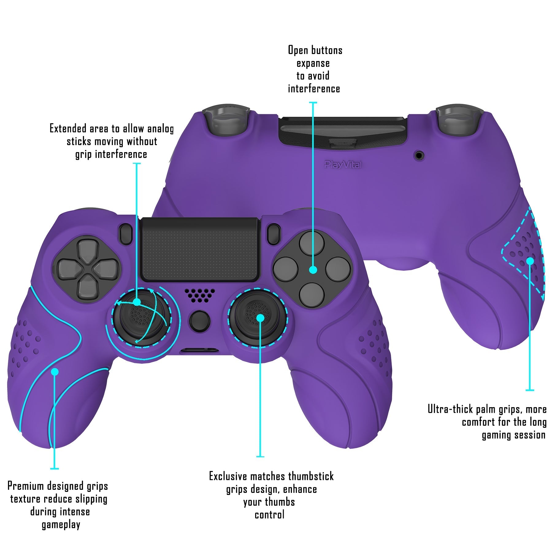 PlayVital Guardian Edition Purple Ergonomic Soft Anti-Slip Controller Silicone Case Cover for PS4, Rubber Protector Skins with black Joystick Caps for PS4 Slim PS4 Pro Controller - P4CC0065 playvital