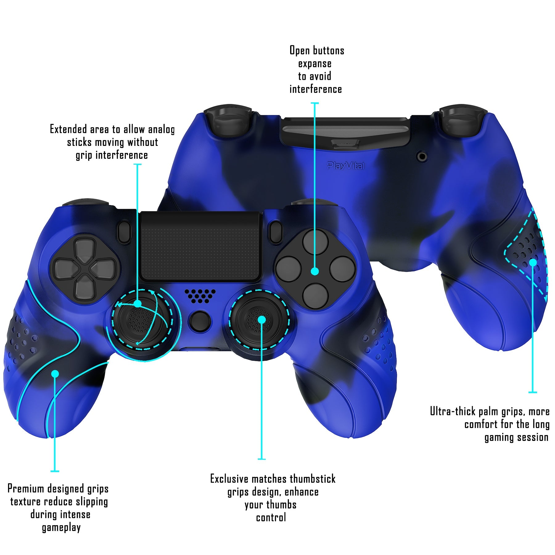 PlayVital Guardian Edition Blue & Black Ergonomic Soft Anti-Slip Controller Silicone Case Cover for ps4, Rubber Protector Skin with Joystick Caps for ps4 Slim/Pro Controller - P4CC0070 playvital