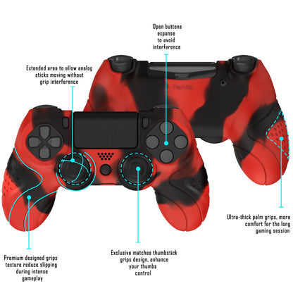 PlayVital Guardian Edition Red & Black Ergonomic Soft Anti-Slip Controller Silicone Case Cover for PS4, Rubber Protector Skins with black Joystick Caps for PS4 Slim PS4 Pro Controller - P4CC0071 playvital