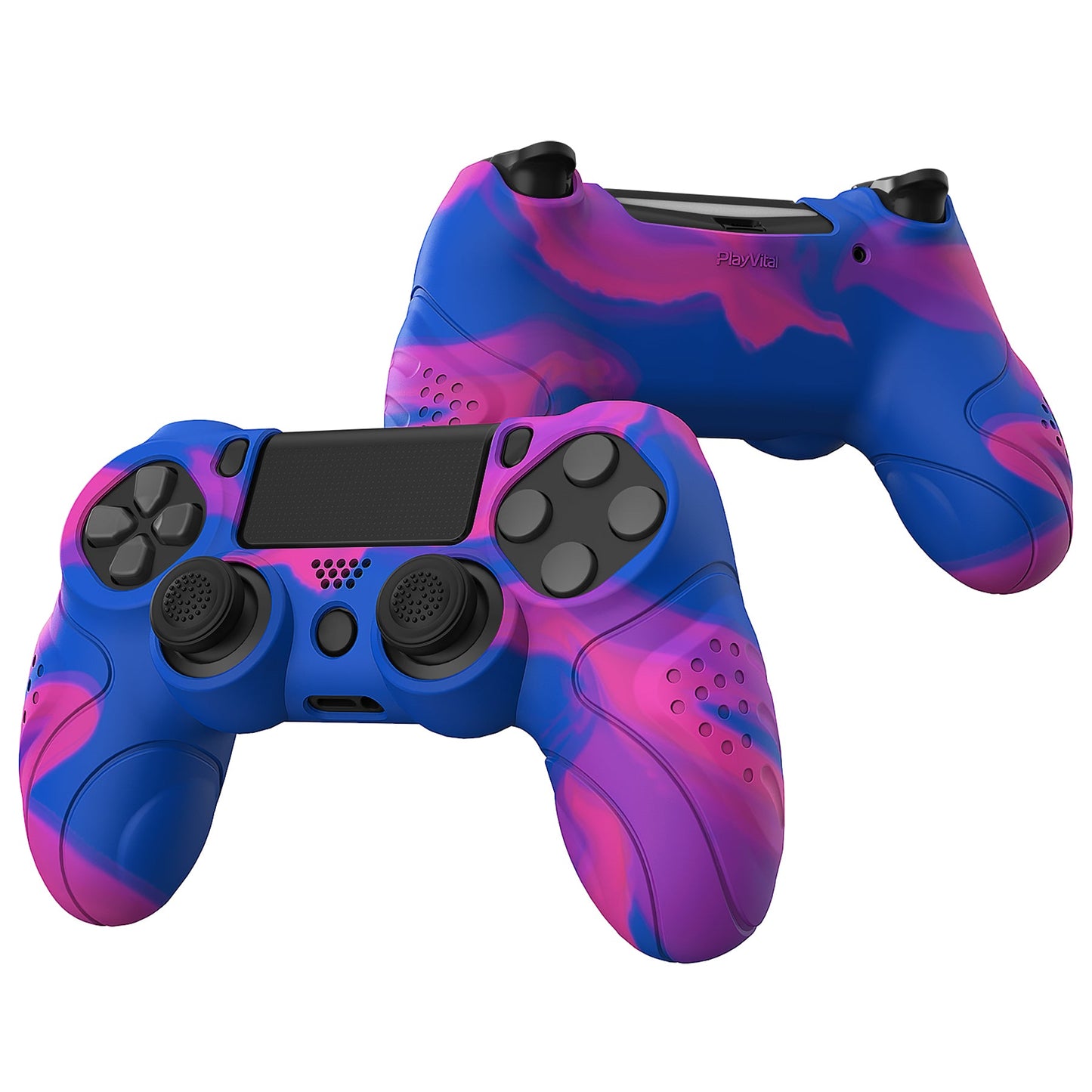 PlayVital Guardian Edition Pink & Purple & Blue Ergonomic Soft Anti-Slip Controller Silicone Case Cover for ps4, Rubber Protector Skin with Joystick Caps for ps4 Slim/Pro Controller - P4CC0072 playvital