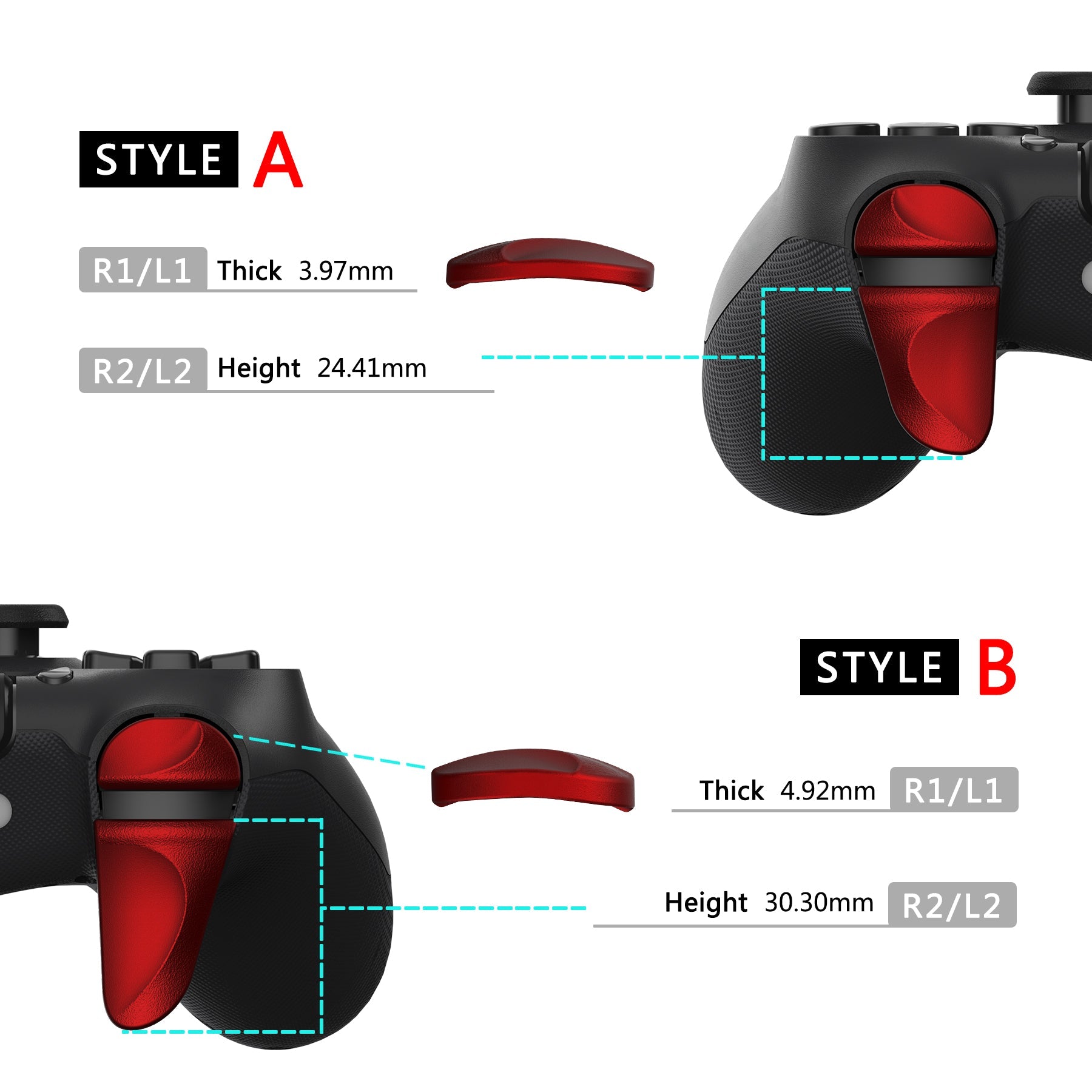 PlayVital 2 Pair Shoulder Buttons Extension Triggers for PS4 All Model Controller, Game Improvement Adjusters for PS4 Controller, Bumper Trigger Extenders for PS4 Slim Pro Controller - Scarlet Red - P4PJ004 PlayVital