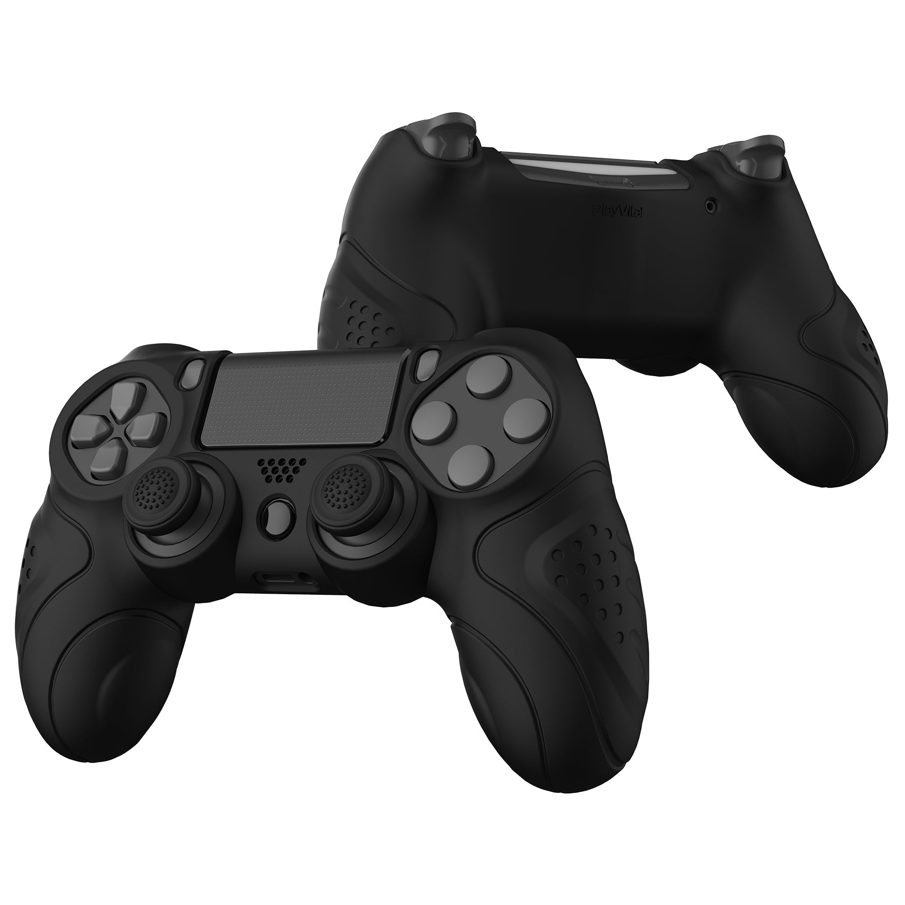 PlayVital Guardian Edition Black Ergonomic Soft Anti-Slip Controller Silicone Case Cover for PS4, Rubber Protector Skins with Black Joystick Caps for PS4 Slim PS4 Pro Controller - P4CC0059 playvital