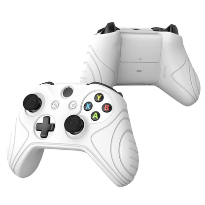 PlayVital Samurai Edition White Anti-Slip Controller Grip Silicone Skin for Xbox One X/S Controller, Ergonomic Soft Rubber Protective Case Cover for Xbox One S/X Controller with White Thumb Stick Caps - XOQ035 playvital