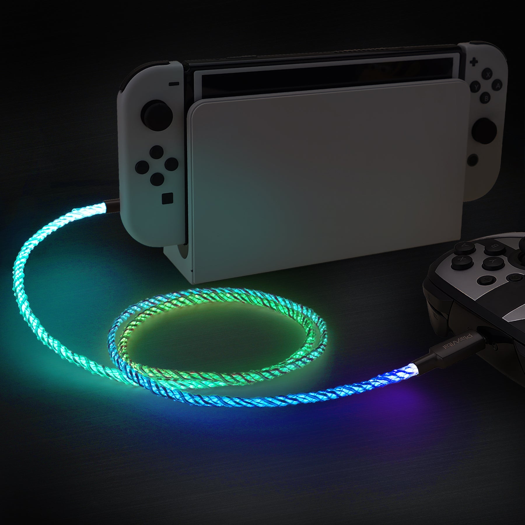 playvital 3.28FT Illuminated Charging Cable for ps5 Controller, USB Type C Charging Cord for Gamepad, Universal LED Light Up Data Cord for Xbox Core/Elite Series 2 / Switch Pro Controller- PFLED10 PlayVital