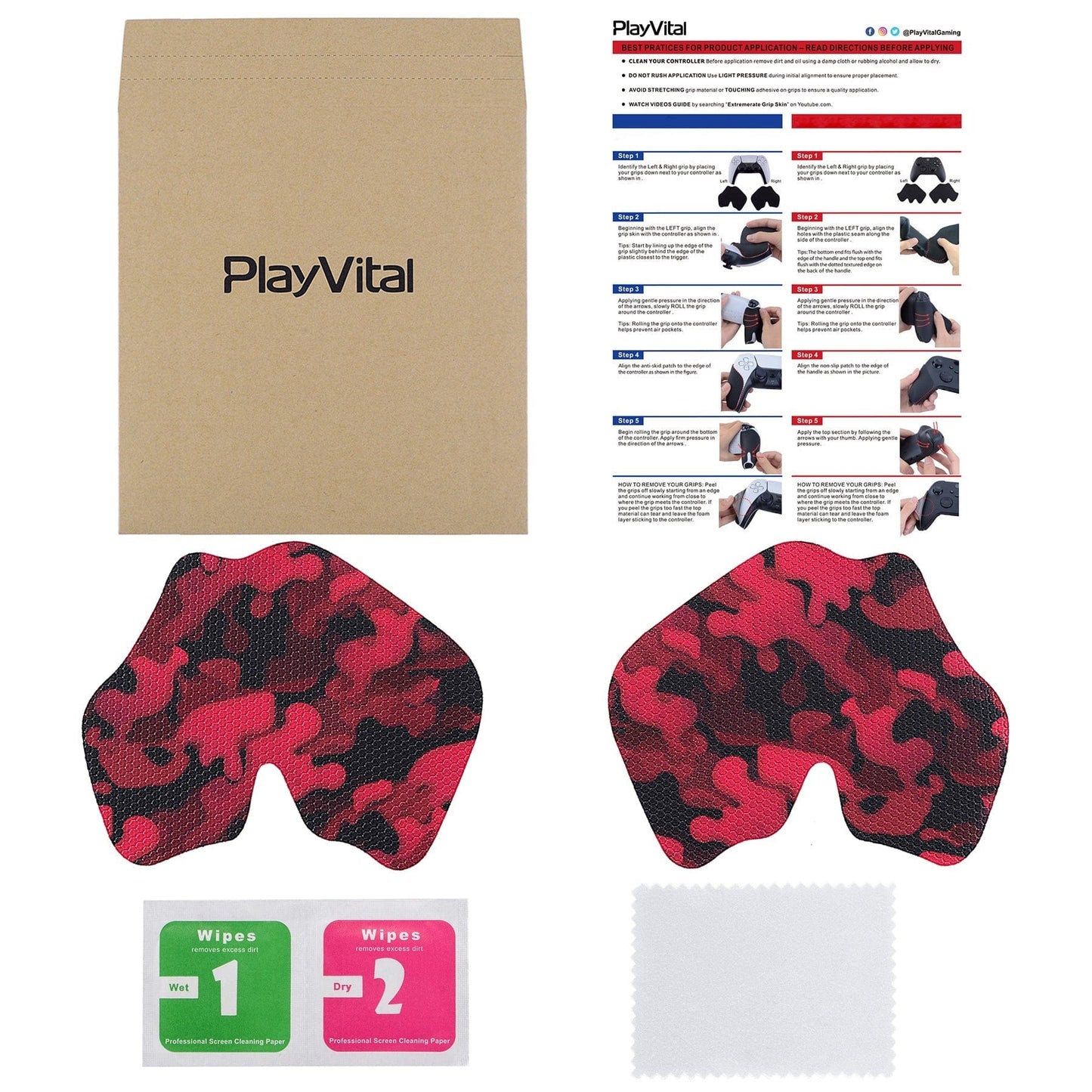 PlayVital Anti-Skid Sweat-Absorbent Controller Grip for PS5 Controller, Professional Textured Soft Rubber Pads Handle Grips for PS5 Controller - Black Red Camouflage - PFPJ065 PlayVital