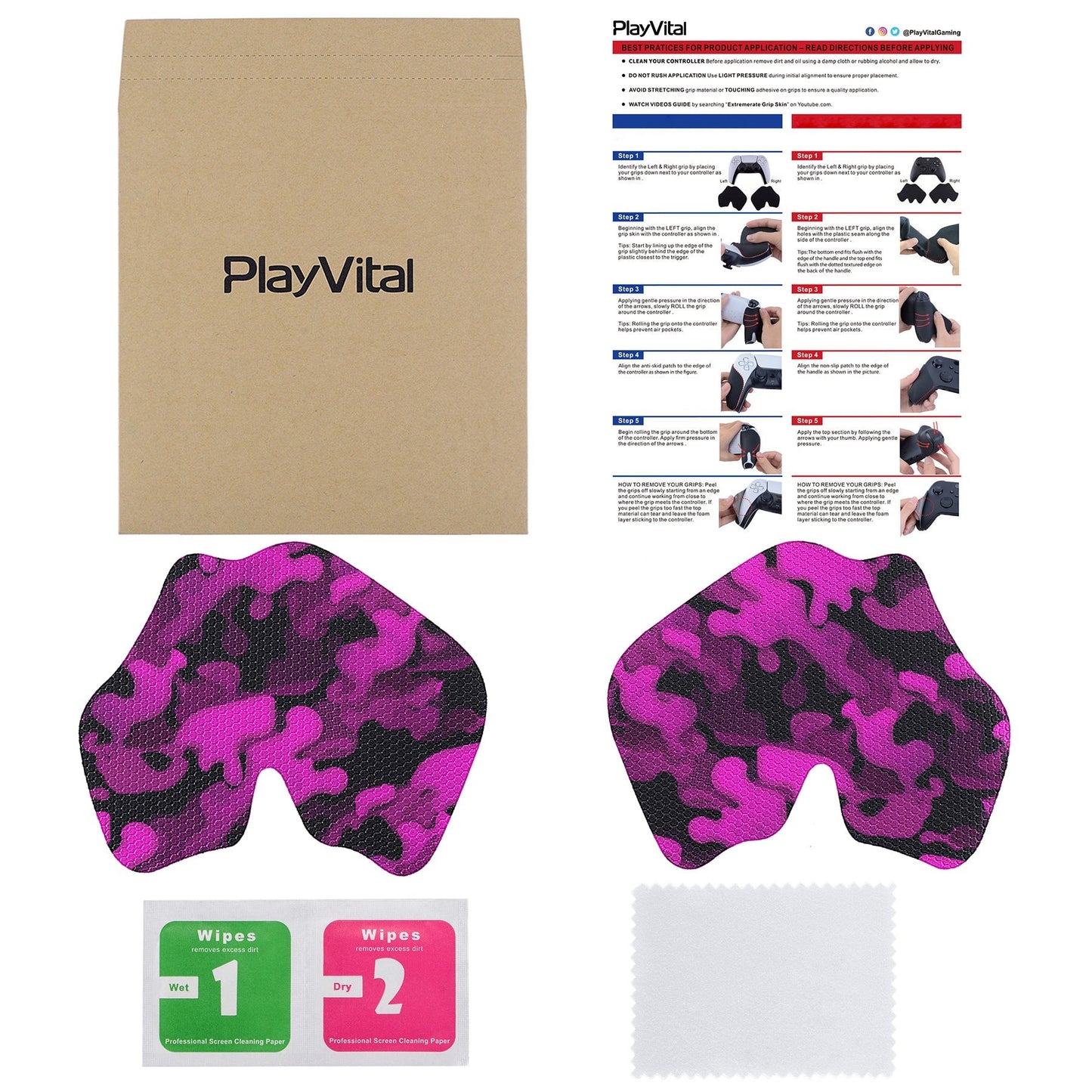 PlayVital Anti-Skid Sweat-Absorbent Controller Grip for PS5 Controller, Professional Textured Soft Rubber Pads Handle Grips for PS5 Controller - Rose Red Black Camouflage - PFPJ066 PlayVital