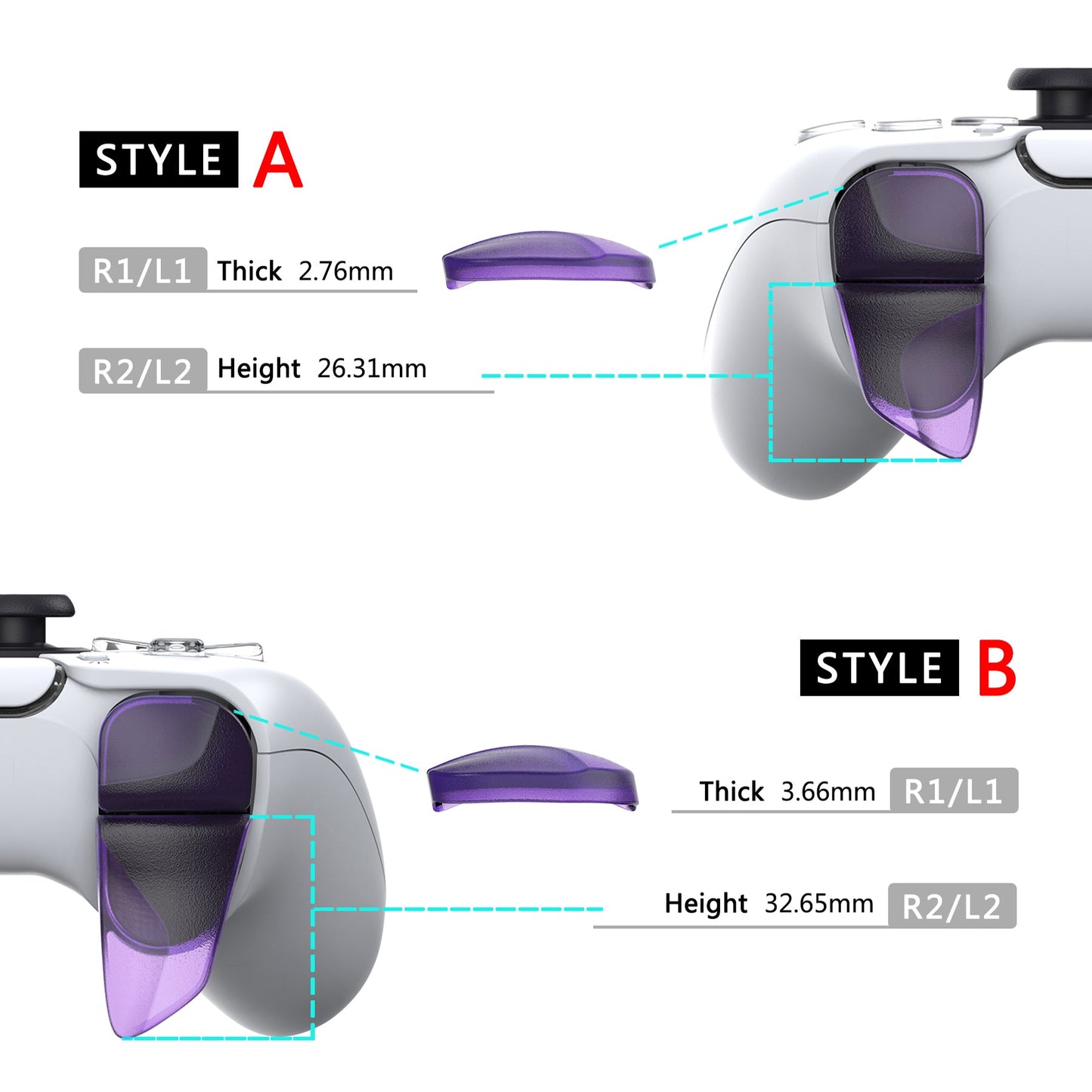 PlayVital Clear Atomic Purple 2 Pair Shoulder Buttons Extension Triggers for PS5 Controller, Game Improvement Adjusters for PS5 Controller, Bumper Trigger Extenders for PS5 Controller - PFPJ087 PlayVital