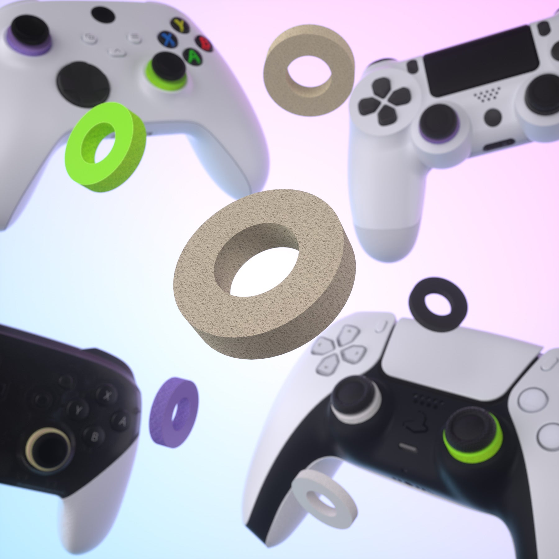 PlayVital 5 Pairs Aim Assist Target Motion Control Precision Rings for ps5, for ps4, for Xbox Series X/S, Xbox One, Xbox 360, for Switch Pro Controller, for Steam Deck - Green Purple Gray Black White - PFPJ117 PlayVital