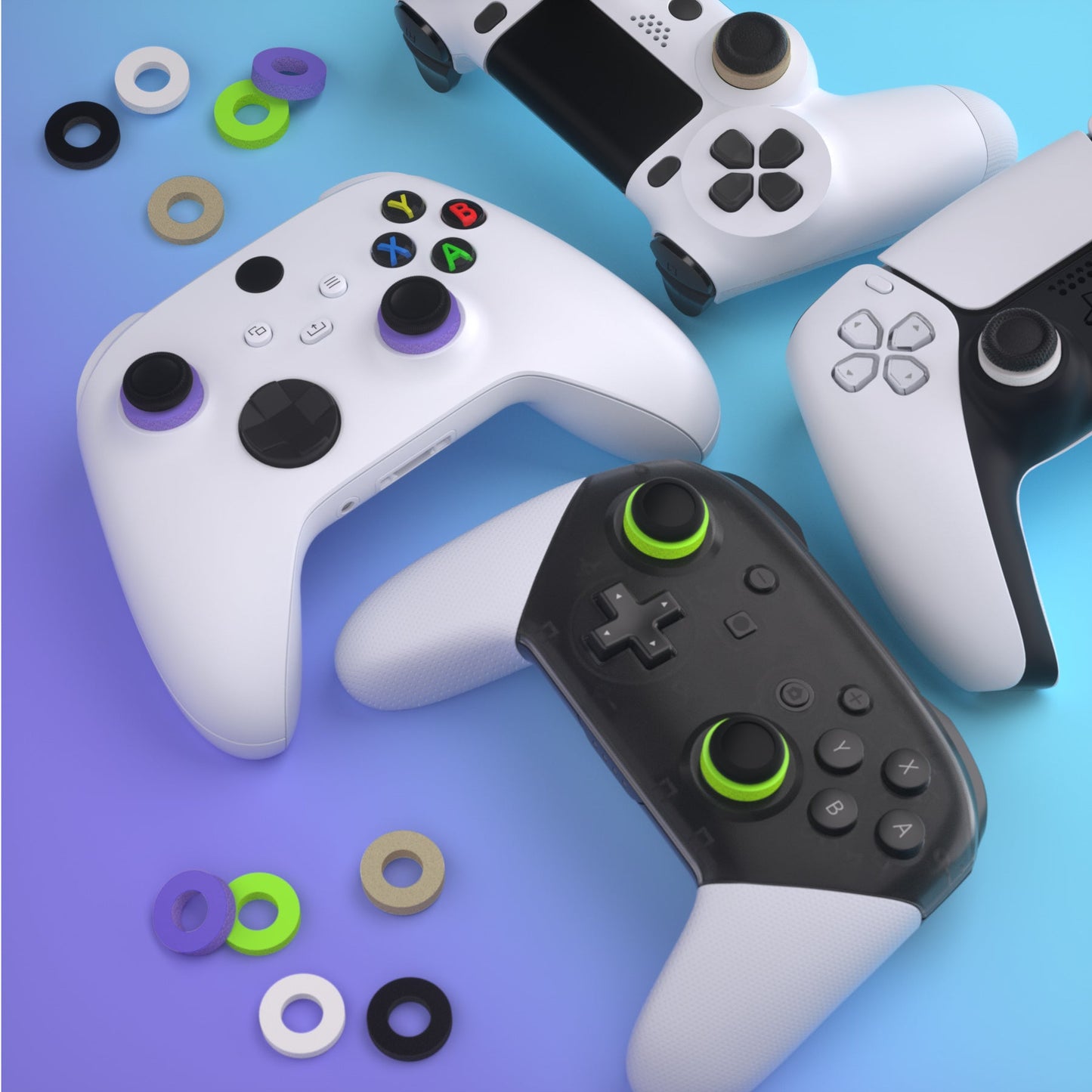 PlayVital 5 Pairs Aim Assist Target Motion Control Precision Rings for ps5, for ps4, for Xbox Series X/S, Xbox One, Xbox 360, for Switch Pro Controller, for Steam Deck - Green Purple Gray Black White - PFPJ117 PlayVital