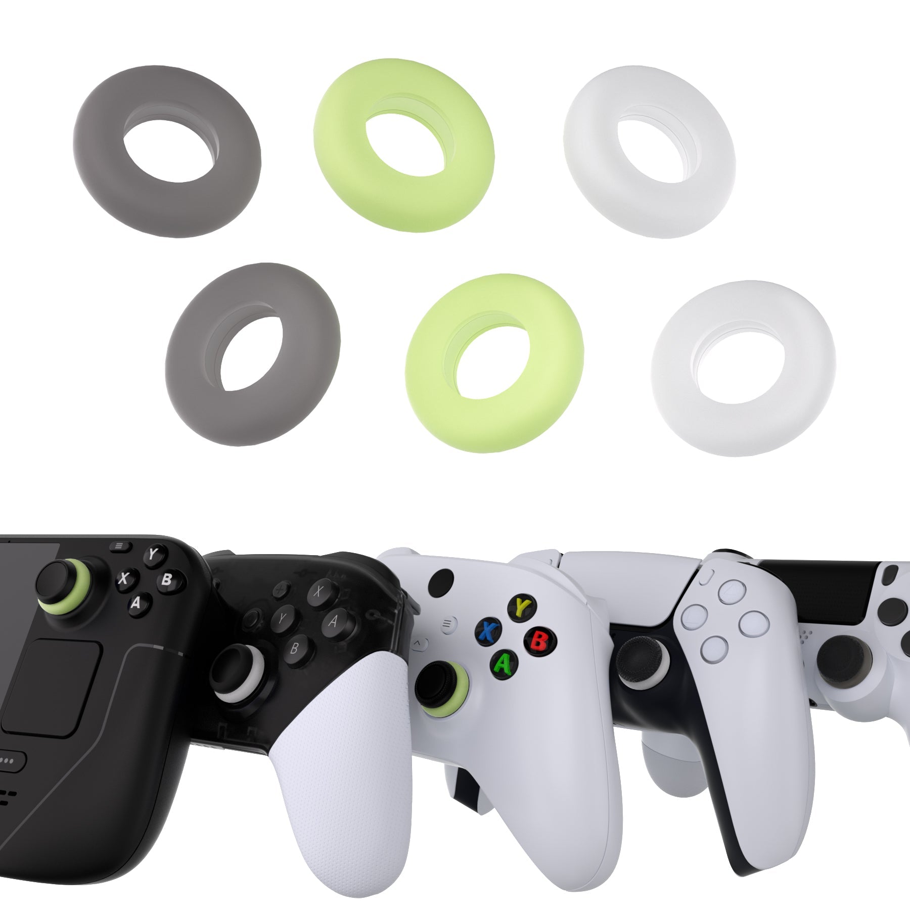 Products PlayVital 5 Pairs Aim Assist Target Motion Control Precision Rings for ps5, for ps4, for Xbox Series X/S, Xbox One, Xbox 360, for Switch Pro Controller, for Steam Deck - Clear Black White & Glow in Dark Green - PFPJ118 PlayVital