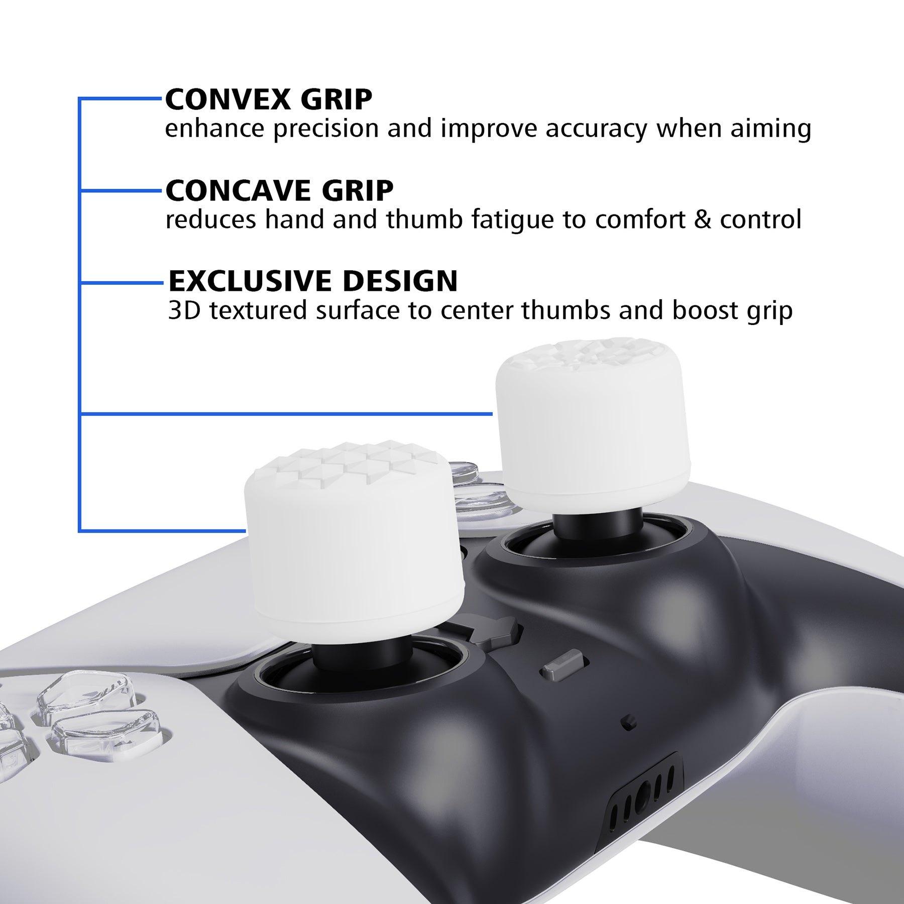 PlayVital White Ergonomic Stick Caps Thumb Grips for PS5, PS4, Xbox Series X/S, Xbox One, Xbox One X/S, Switch Pro Controller - with 3 Height Convex and Concave - Diamond Grain & Crack Bomb Design - PJM2014 PlayVital