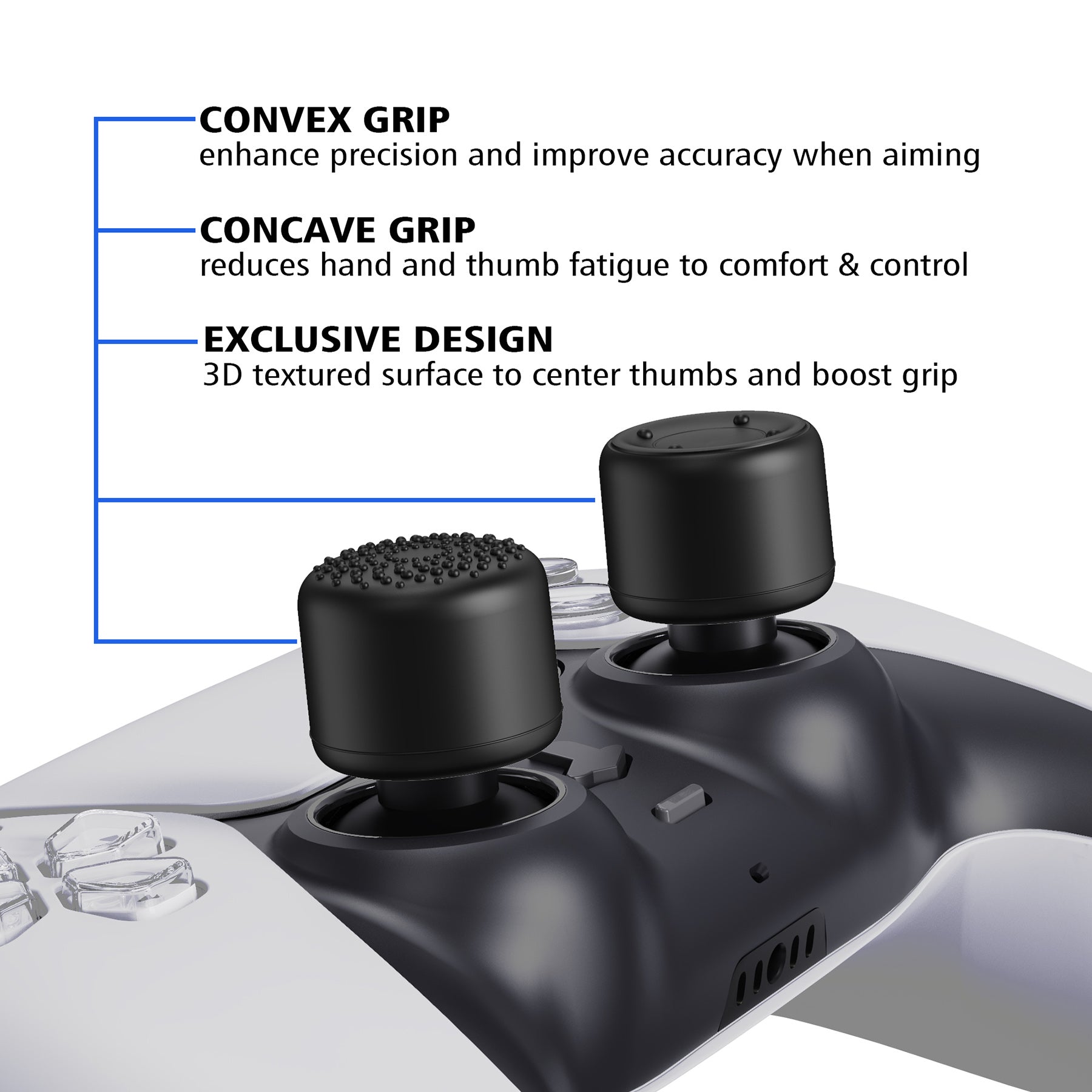 PlayVital Black Ergonomic Thumb Stick Grips for Nintendo Switch Pro, PS5, PS4, Xbox Series X/S, Xbox One, Xbox One X/S Controller - with 3 Height Convex and Concave - Raised Dots & Studded Design - PJM2021 PlayVital