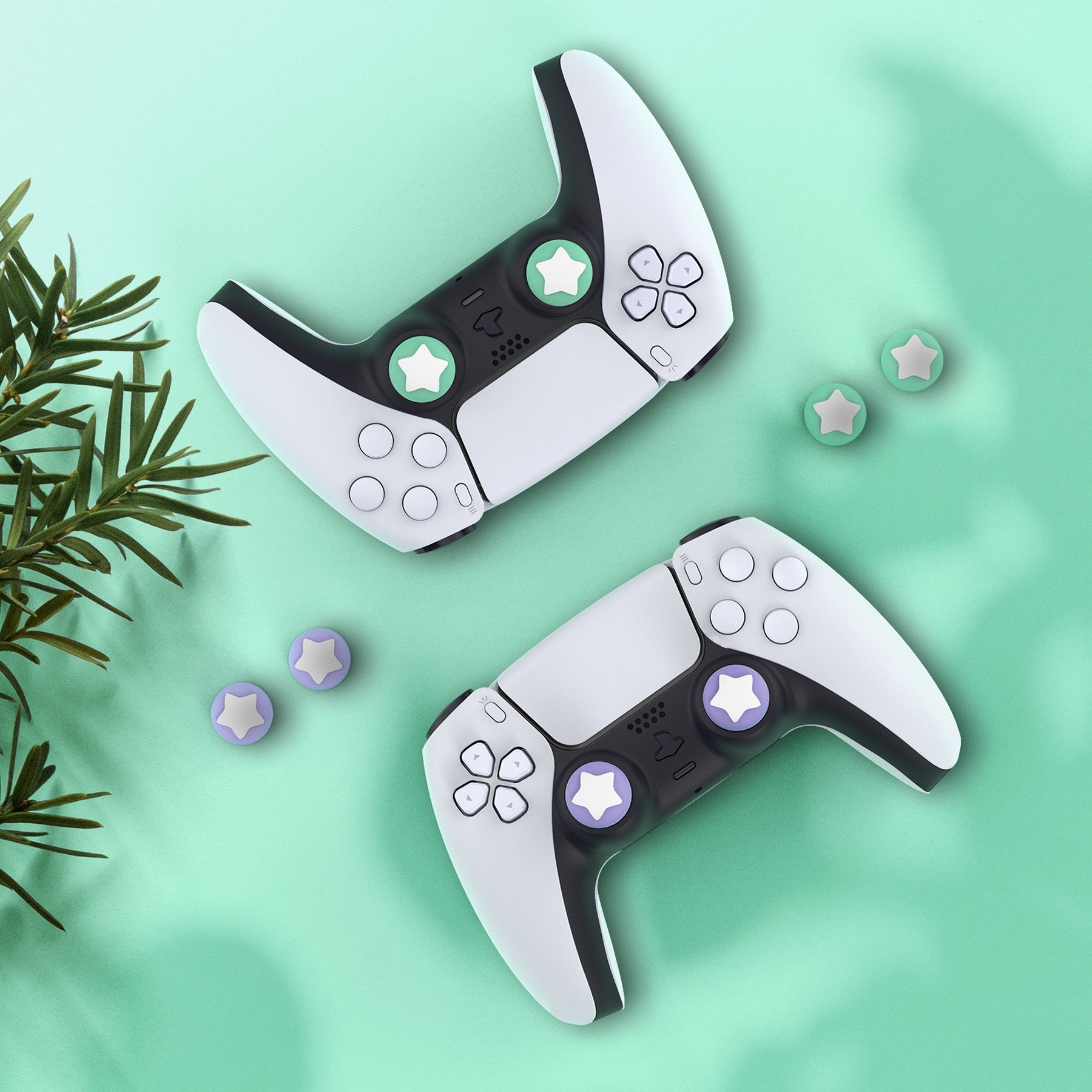 PlayVital Star Design Cute Thumb Grip Caps for ps5/4 Controller, Silicone Analog Stick Caps Cover for Xbox Series X/S, Thumbstick Caps for Switch Pro Controller - Mint Green & Light Violet - PJM3005 PlayVital