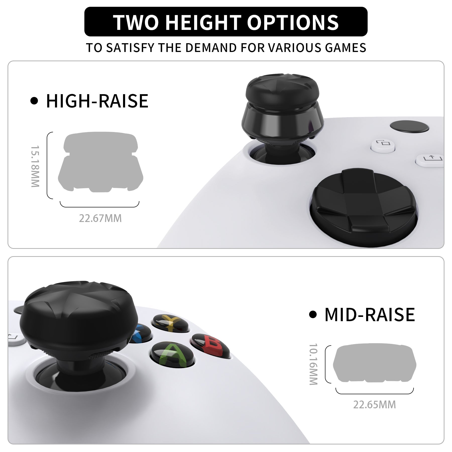 PlayVital Thumbs Pro HURRICANE Thumbstick Extender for Xbox Core Controller, for Xbox Series X/S Controller, Joystick Caps for Xbox One Controller - 2 High Raise & 2 Mid Raise Concave - Black - PJM5005 PlayVital