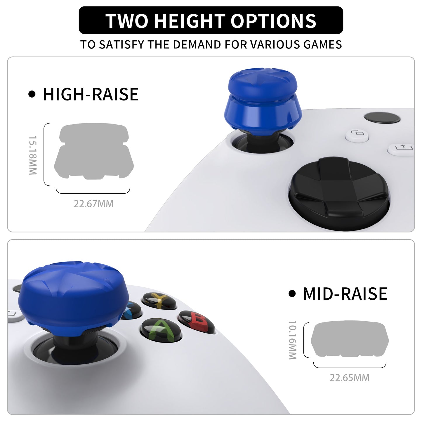 PlayVital Thumbs Pro HURRICANE Thumbstick Extender for Xbox Core Controller, for Xbox Series X/S Controller, Joystick Caps for Xbox One Controller - 2 High Raise & 2 Mid Raise Concave - Blue - PJM5007 PlayVital