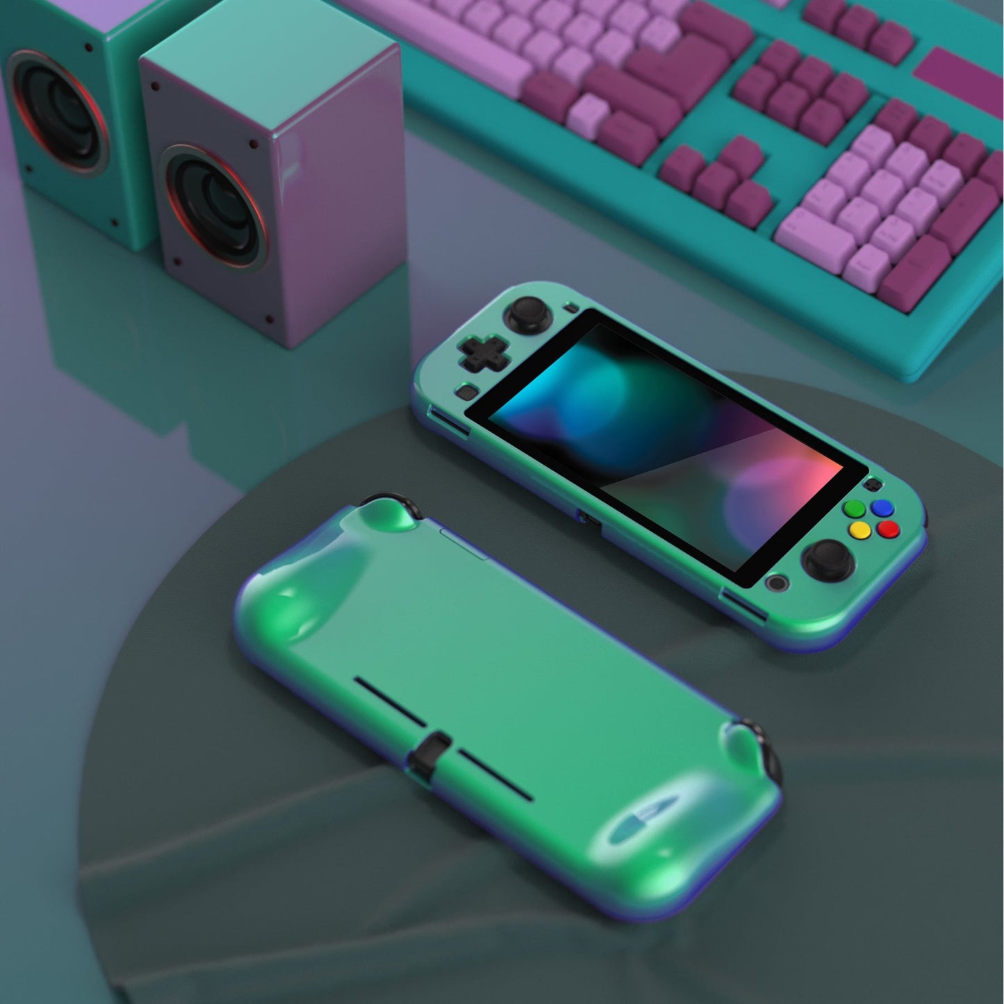 PlayVital ZealProtect Glossy Protective Case for Nintendo Switch Lite, Hard Shell Ergonomic Grip Cover for Switch Lite w/Screen Protector & Thumb Grip Caps & Button Caps - Chameleon Green Purple - PSLYP3008 playvital