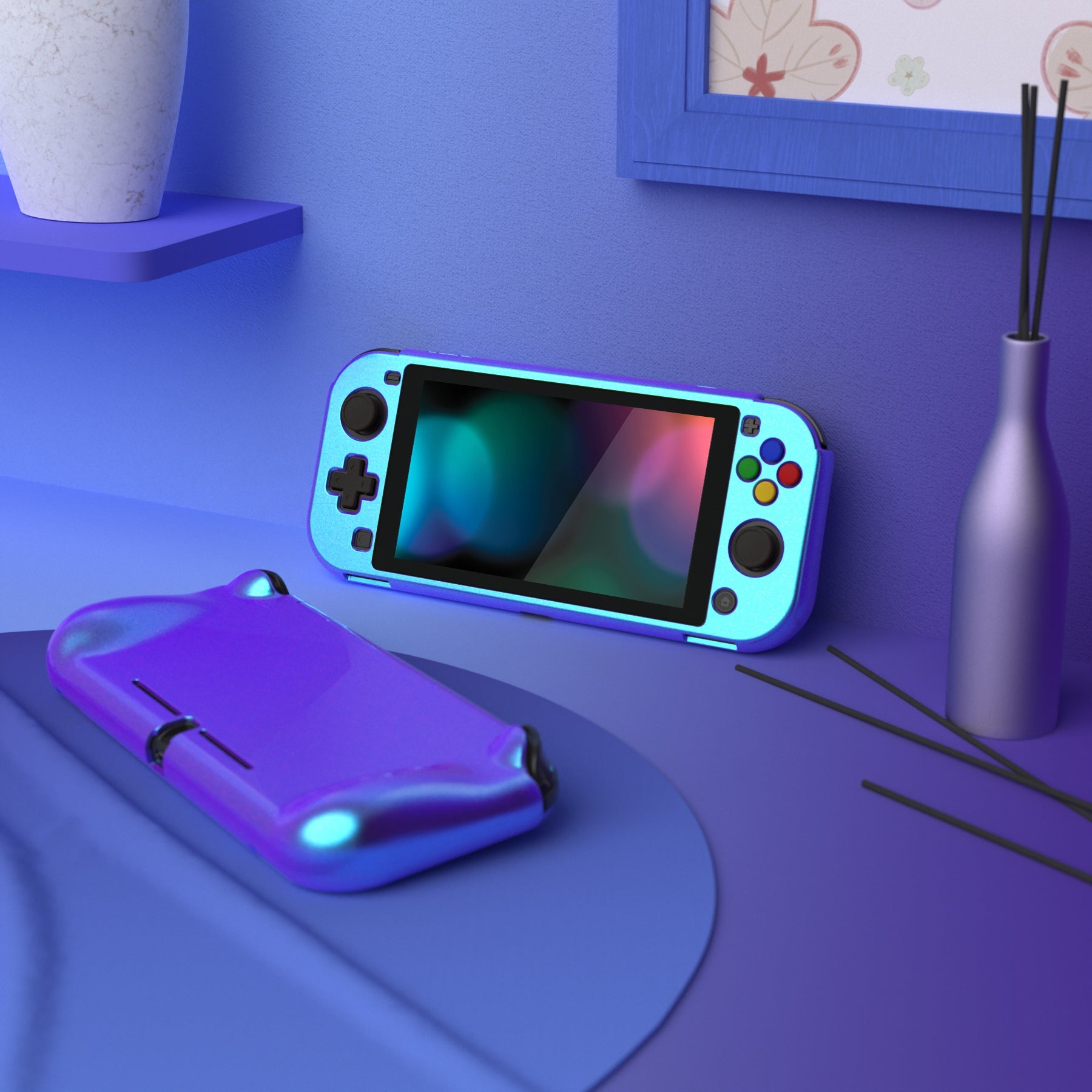 PlayVital ZealProtect Glossy Protective Case for Nintendo Switch Lite, Hard Shell Ergonomic Grip Cover for Switch Lite w/Screen Protector & Thumb Grip Caps & Button Caps - Chameleon Purple Blue - PSLYP3009 playvital