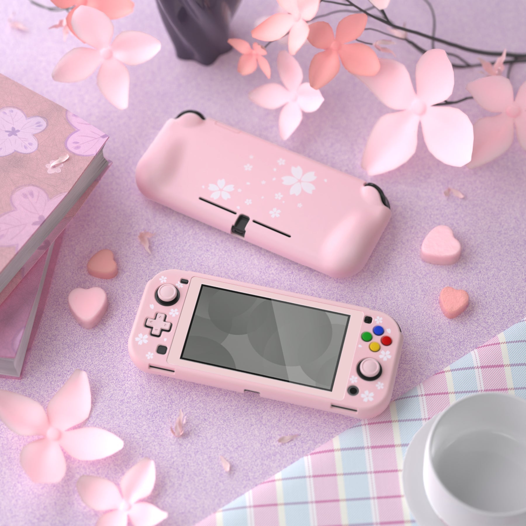 PlayVital ZealProtect Protective Case for Nintendo Switch Lite, Hard Shell Ergonomic Grip Cover for Switch Lite w/Screen Protector & Thumb Grip Caps & Button Caps - Cherry Blossoms Petals - PSLYY7004 PlayVital