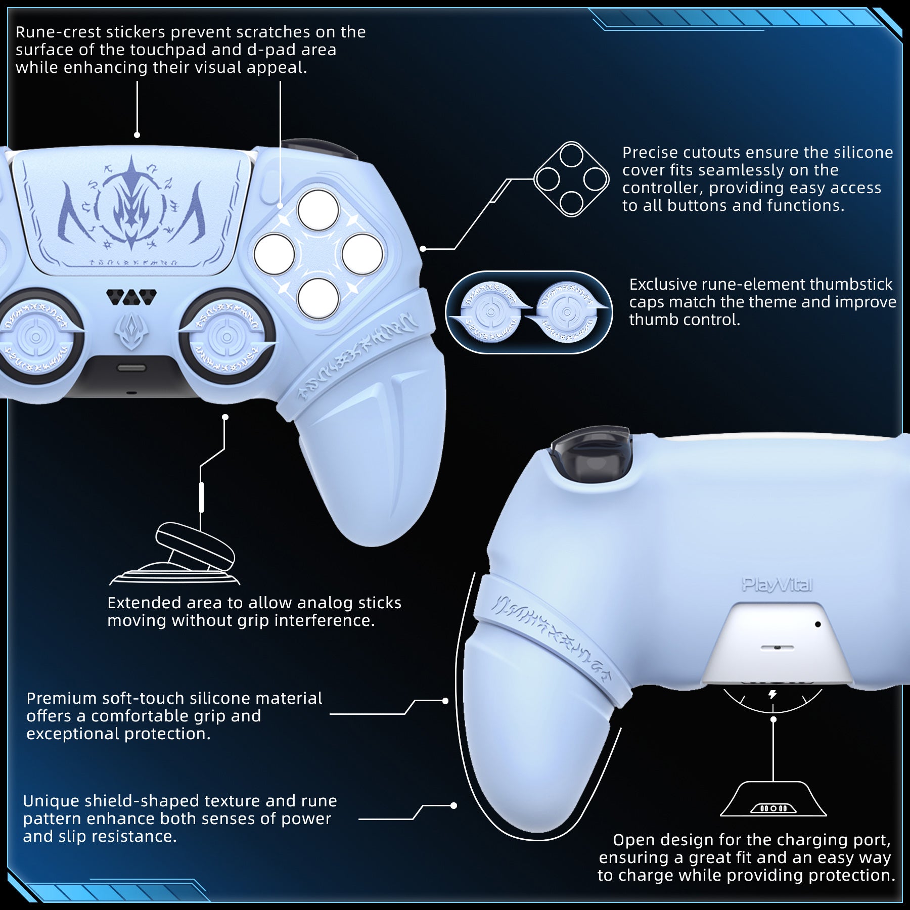 PlayVital 2 Set Runes Edition Silicone Cover Skin for PS5 Controller with Thumb Grips & Touchpad Skin & D-pad Area Sticker, Compatible with PS5 Charging Dock - Black - FVEPFP005 (Copy) PlayVital