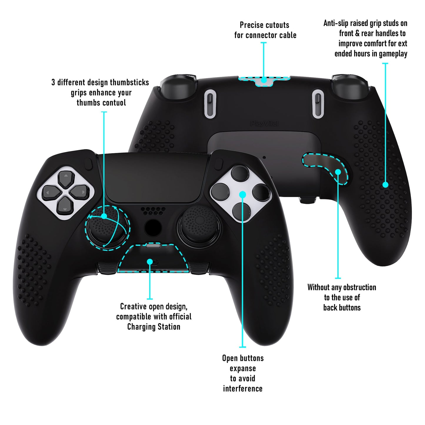 PlayVital 3D Studded Edition Anti-Slip Silicone Cover Case with Thumb Grip Caps for PS5 Edge Controller - Black - ETPFP001 PlayVital