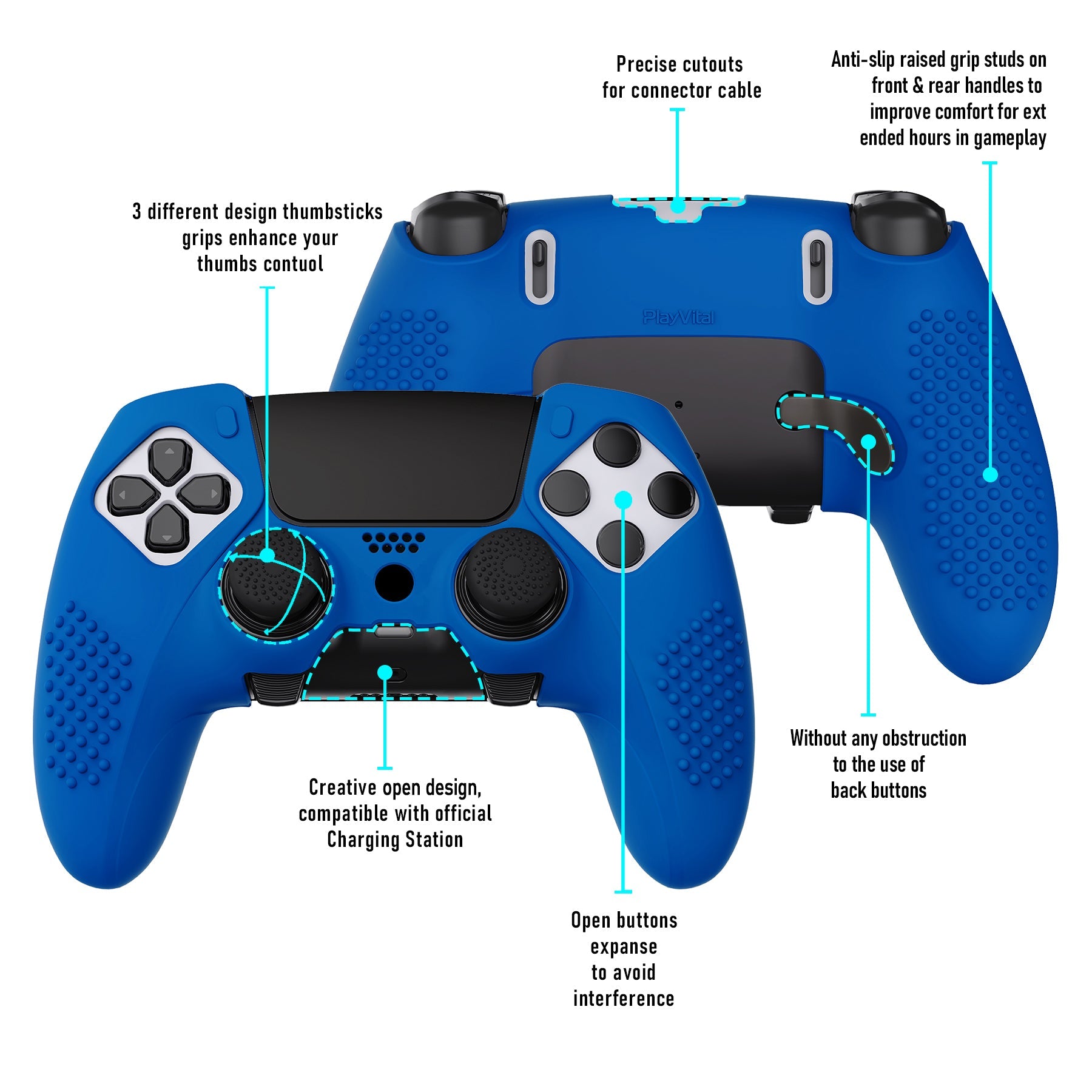 PlayVital 3D Studded Edition Anti-Slip Silicone Cover Case with Thumb Grip Caps for PS5 Edge Controller - Blue - ETPFP009 PlayVital