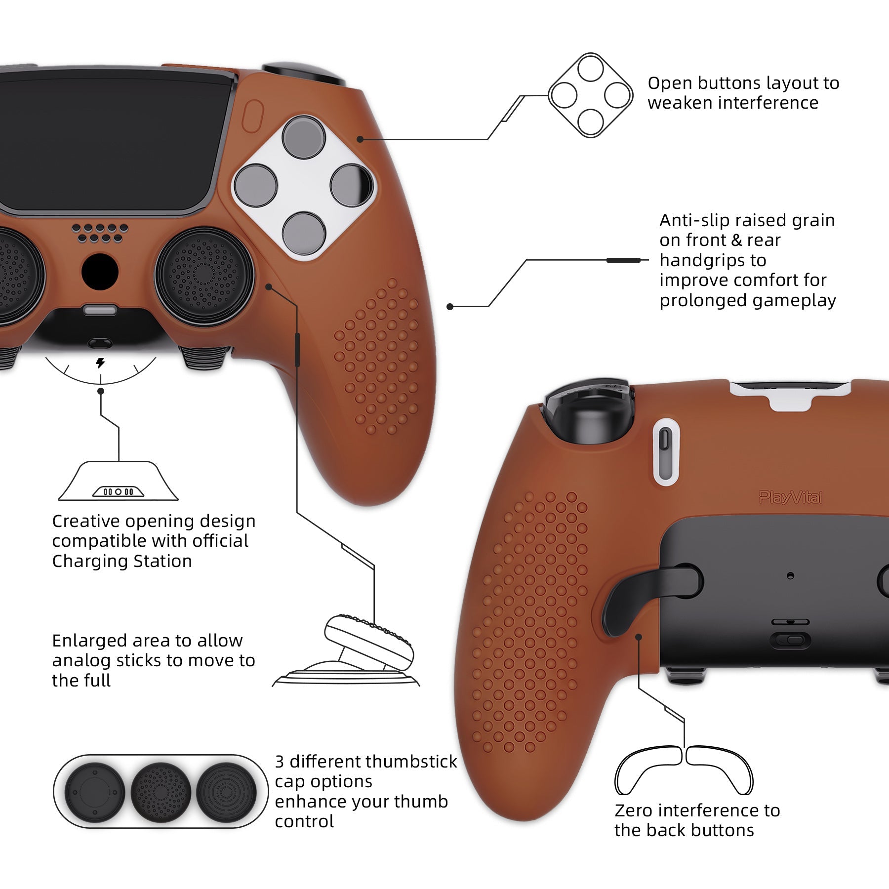 PlayVital 3D Studded Edition Anti-Slip Silicone Cover Case with Thumb Grip Caps for PS5 Edge Controller - Signal Brown - ETPFP016 PlayVital