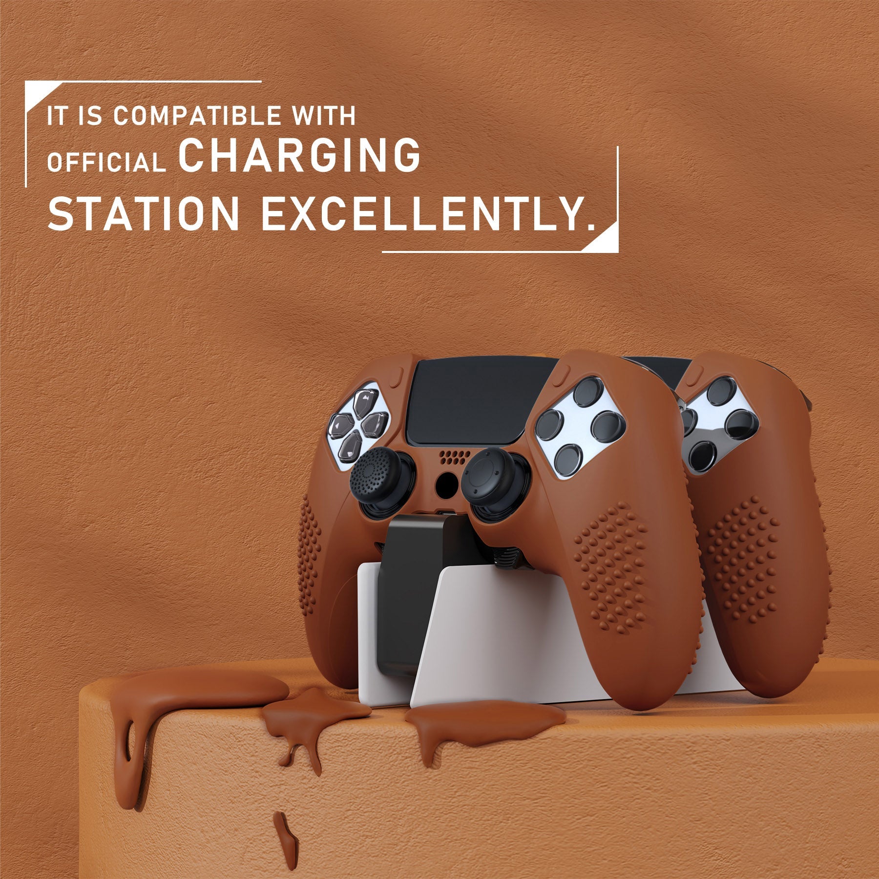 PlayVital 3D Studded Edition Anti-Slip Silicone Cover Case with Thumb Grip Caps for PS5 Edge Controller - Signal Brown - ETPFP016 PlayVital