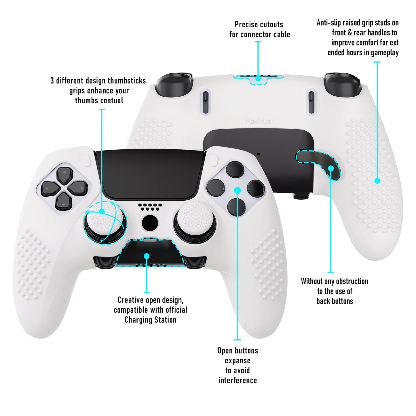 PlayVital 3D Studded Edition Anti-Slip Silicone Cover Case with Thumb Grip Caps for PS5 Edge Controller - White - ETPFP002 PlayVital