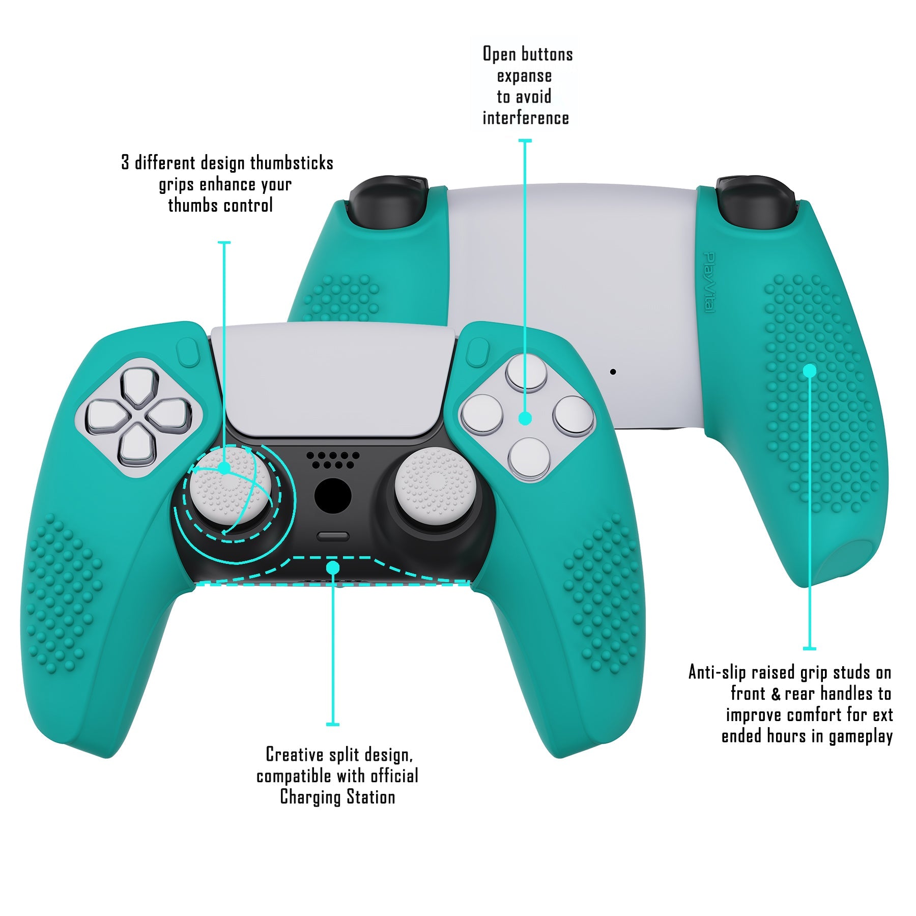 PlayVital 3D Studded Edition Anti-Slip Silicone Cover Skin with Thumb Grip Caps for PS5 Wireless Controller, Compatible with Charging Station - Aqua Green  - TDPF020 PlayVital