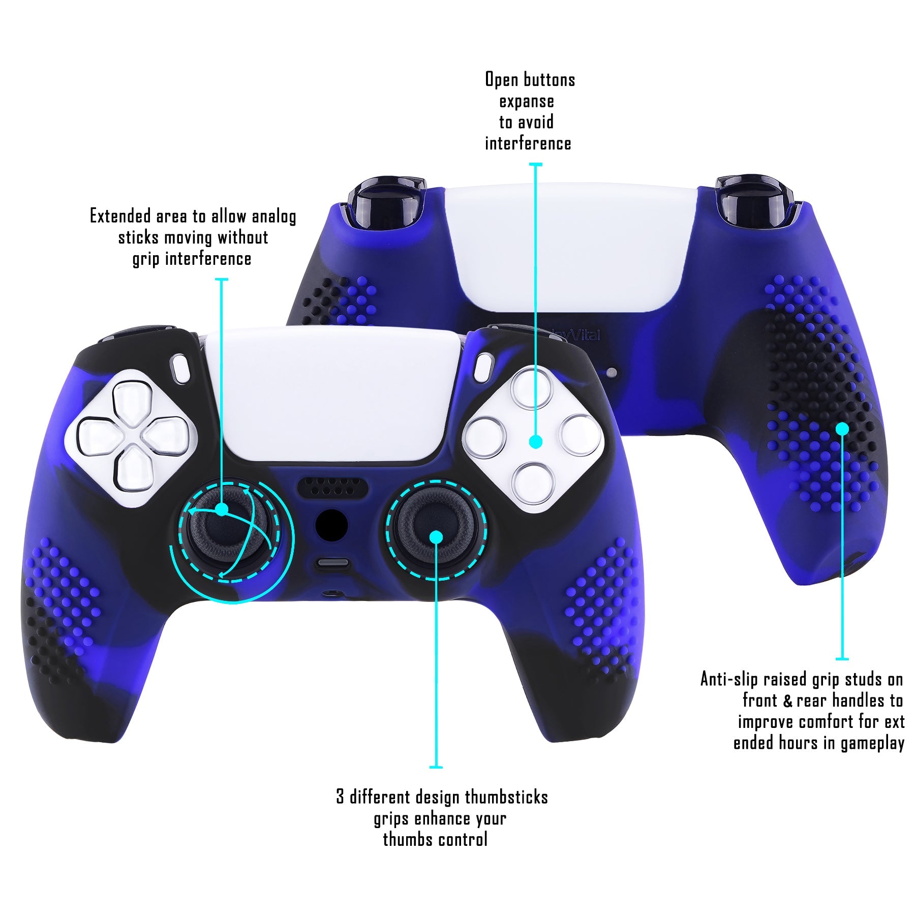 PlayVital 3D Studded Edition Anti-Slip Silicone Cover Skin with Thumb Grip Caps for PS5 Wireless Controller - Blue & Black - TDPF023 PlayVital