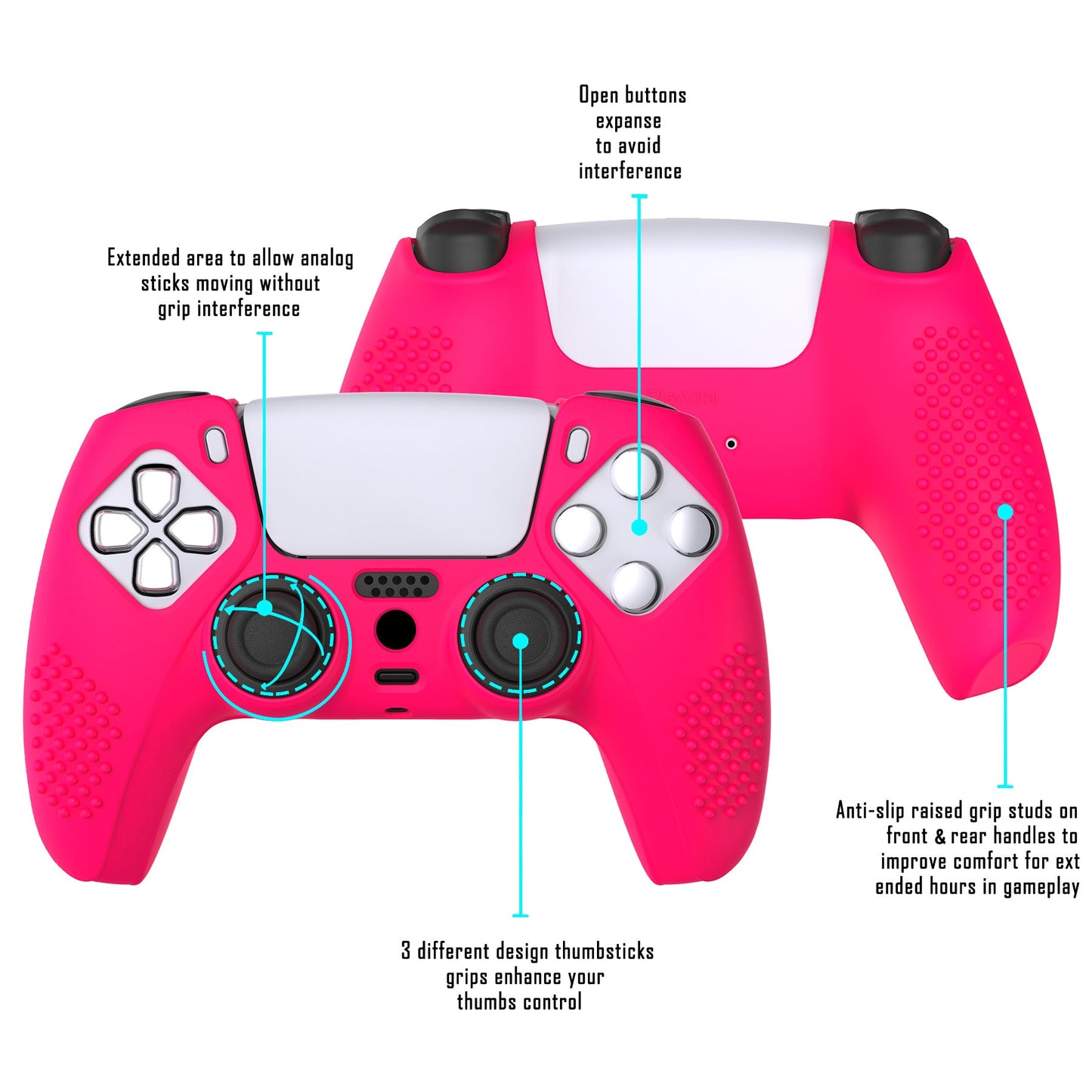 PlayVital 3D Studded Edition Anti-Slip Silicone Cover Skin with Thumb Grip Caps for PS5 Wireless Controller - Bright Pink - TDPF025 PlayVital