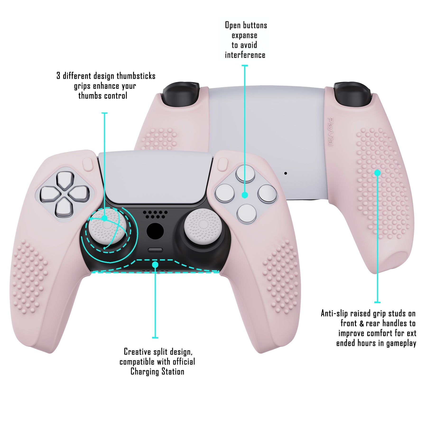 PlayVital 3D Studded Edition Anti-Slip Silicone Cover Skin with Thumb Grip Caps for PS5 Wireless Controller, Compatible with Charging Station - Cherry Blossoms Pink - TDPF017 PlayVital