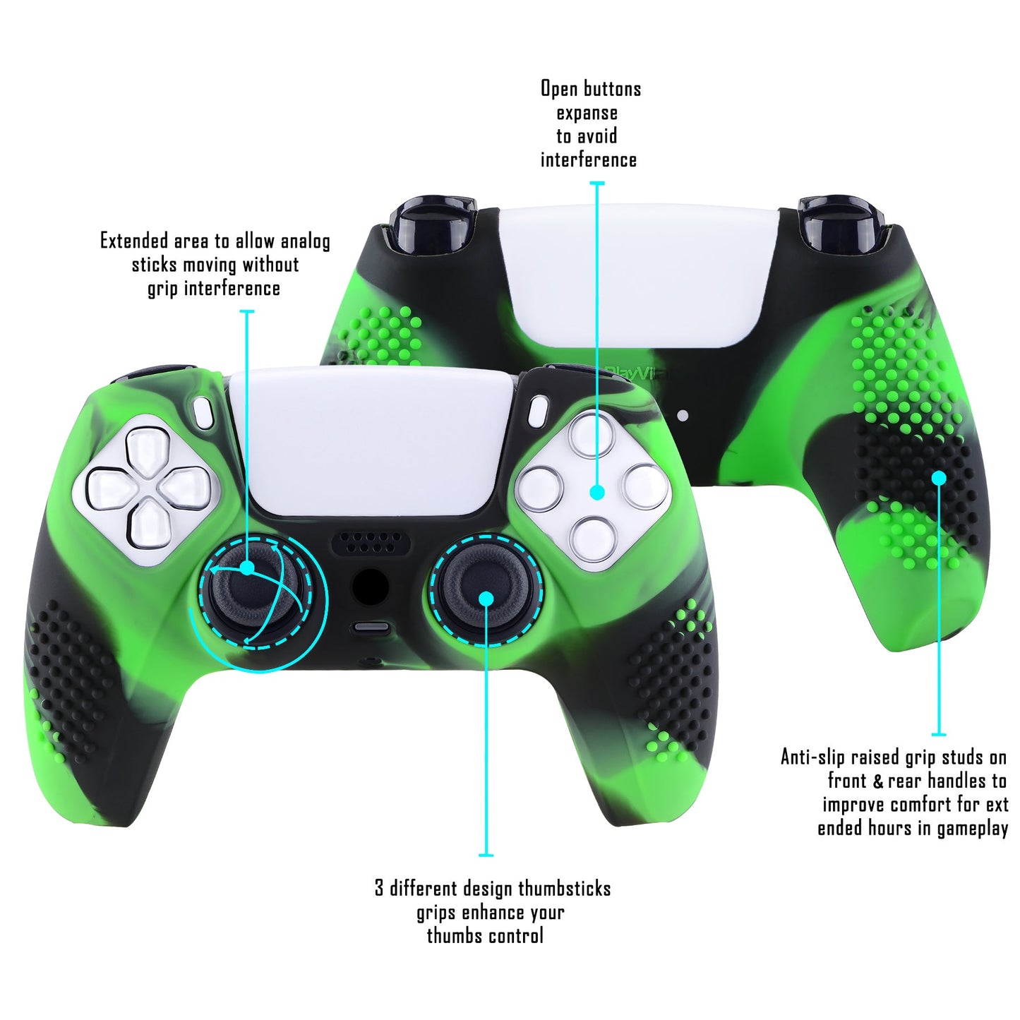 PlayVital 3D Studded Edition Anti-Slip Silicone Cover Skin with Thumb Grip Caps for PS5 Wireless Controller - Green & Black - TDPF024 PlayVital