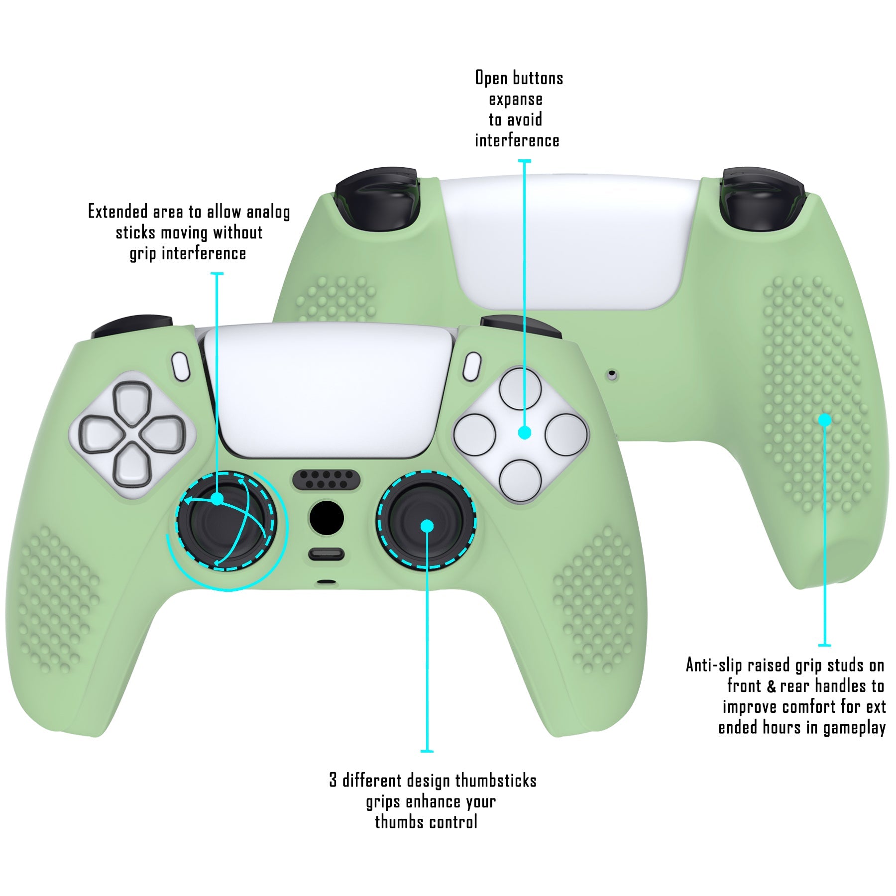 PlayVital 3D Studded Edition Anti-Slip Silicone Cover Skin with Thumb Grip Caps for PS5 Wireless Controller - Matcha Green - TDPF028 PlayVital