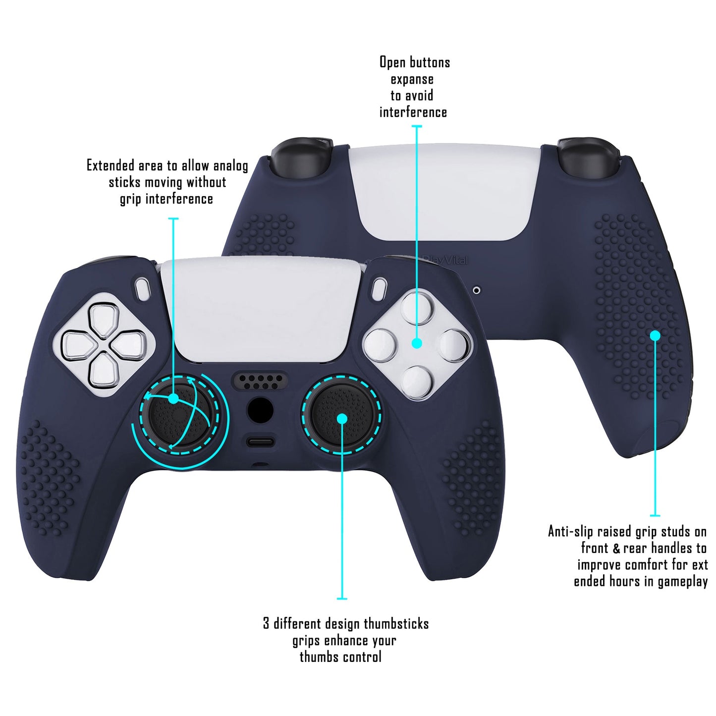 PlayVital 3D Studded Edition Anti-Slip Silicone Cover Skin with Thumb Grip Caps for PS5 Wireless Controller - Midnight Blue - TDPF003 PlayVital