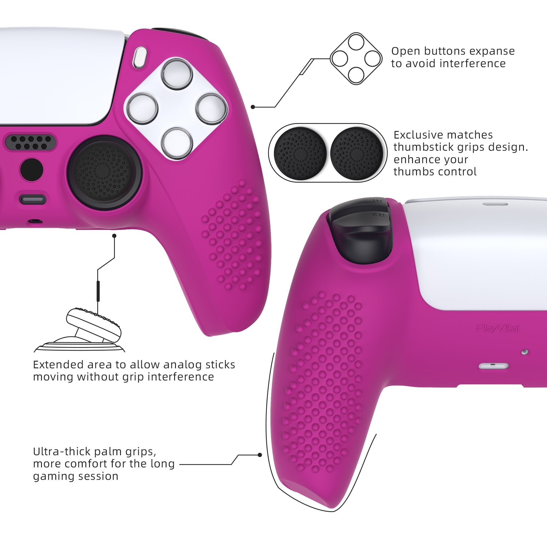 PlayVital 3D Studded Edition Anti-Slip Silicone Cover Skin with Thumb Grip Caps for PS5 Wireless Controller - Neon Purple - TDPF033 PlayVital