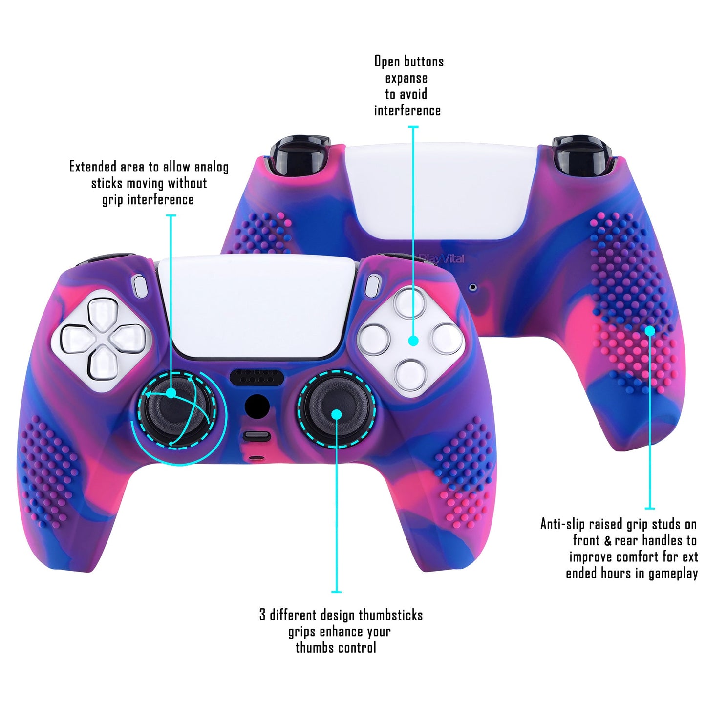 PlayVital 3D Studded Edition Anti-Slip Silicone Cover Skin with Thumb Grip Caps for PS5 Wireless Controller - Pink & Purple & Blue - TDPF021 PlayVital