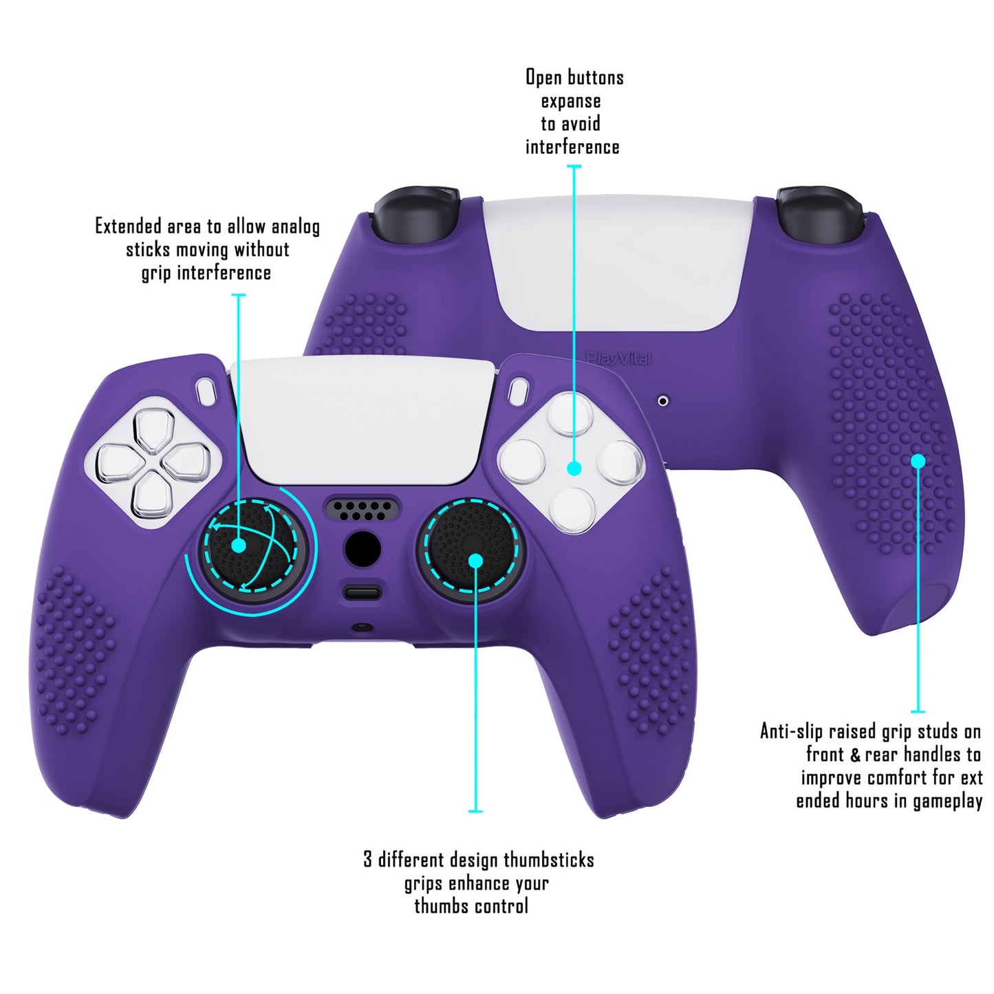 PlayVital 3D Studded Edition Anti-Slip Silicone Cover Skin with Thumb Grip Caps for PS5 Wireless Controller - Purple - TDPF007 PlayVital