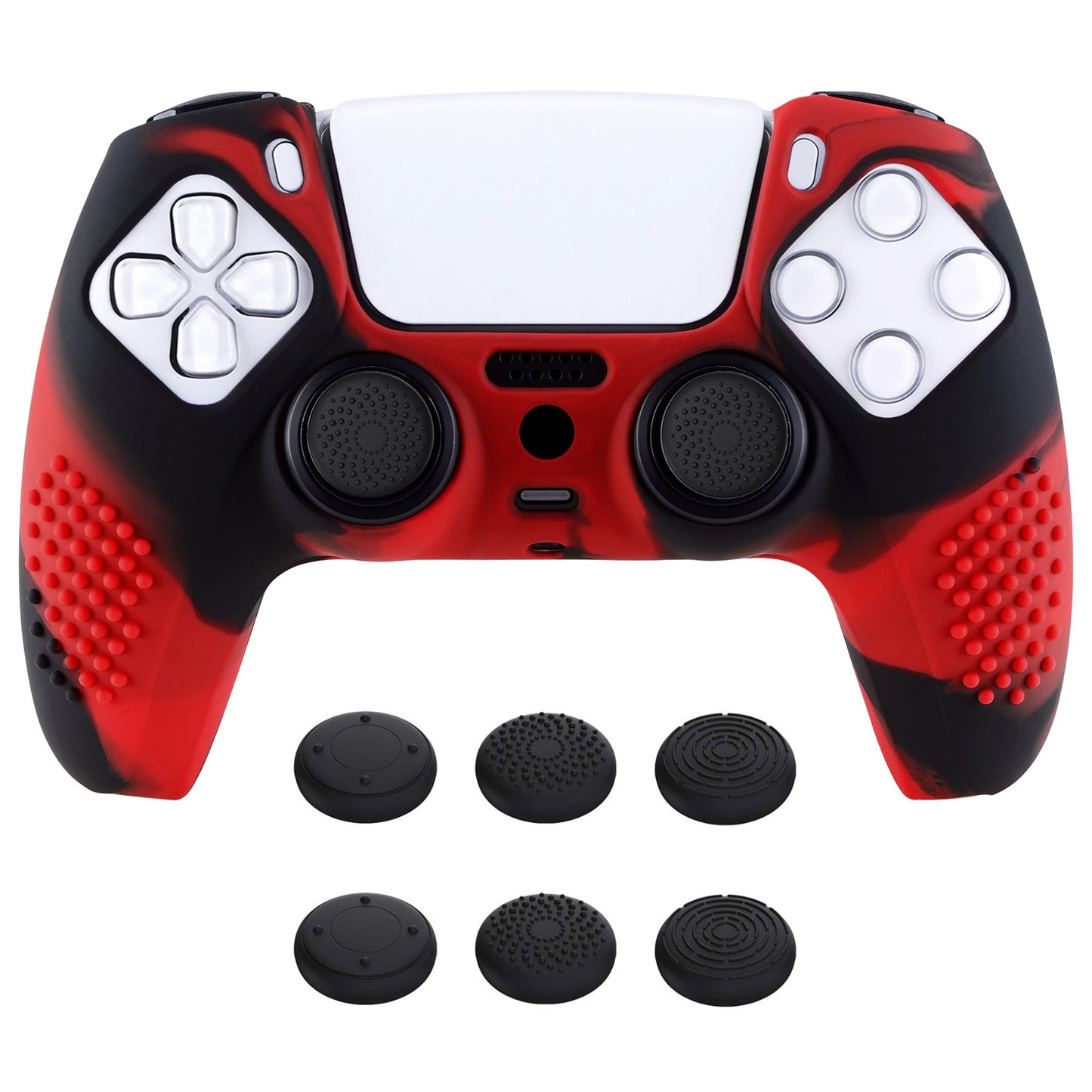 PlayVital 3D Studded Edition Anti-Slip Silicone Cover Skin with Thumb Grip Caps for PS5 Wireless Controller - Red & Black - TDPF022 PlayVital