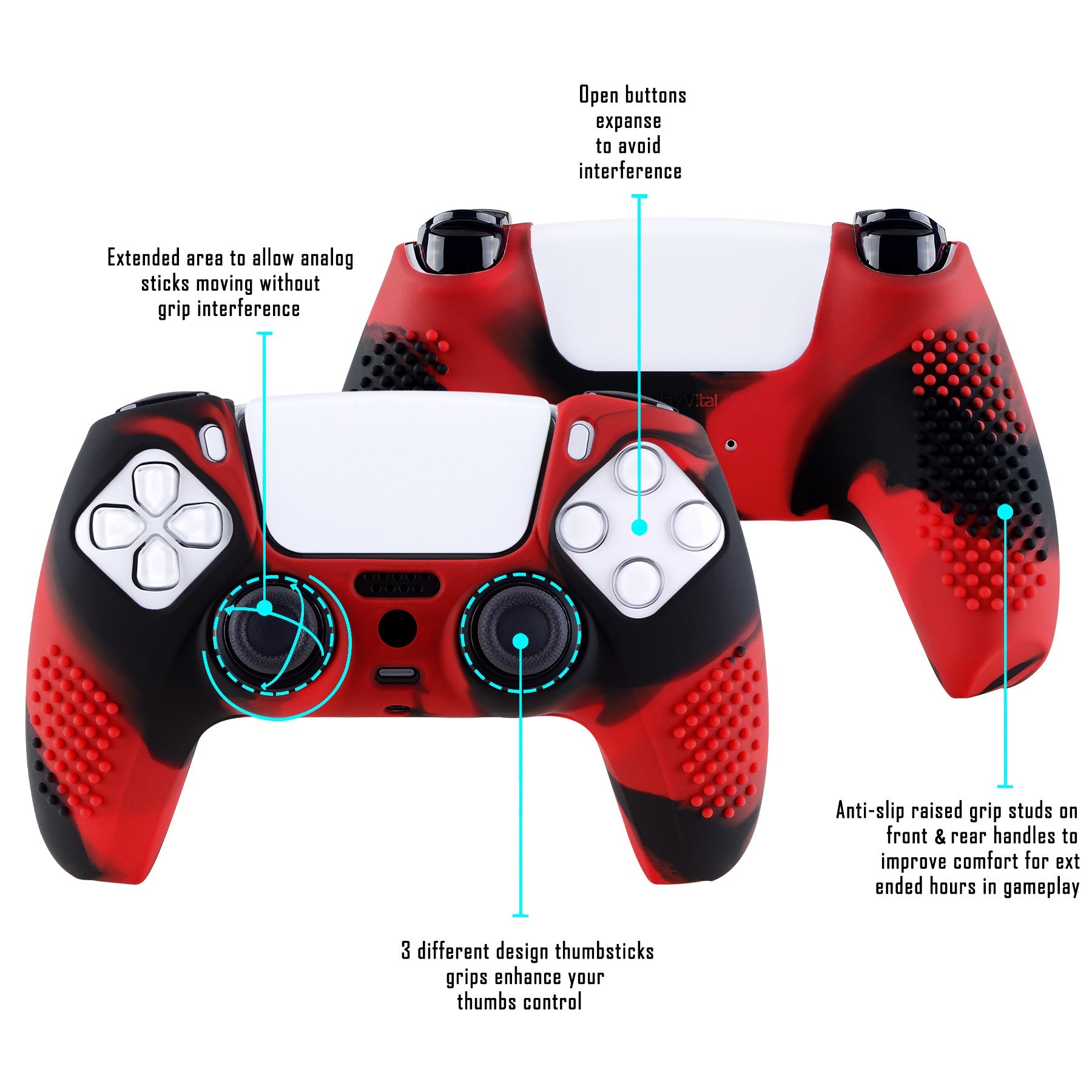 PlayVital 3D Studded Edition Anti-Slip Silicone Cover Skin with Thumb Grip Caps for PS5 Wireless Controller - Red & Black - TDPF022 PlayVital