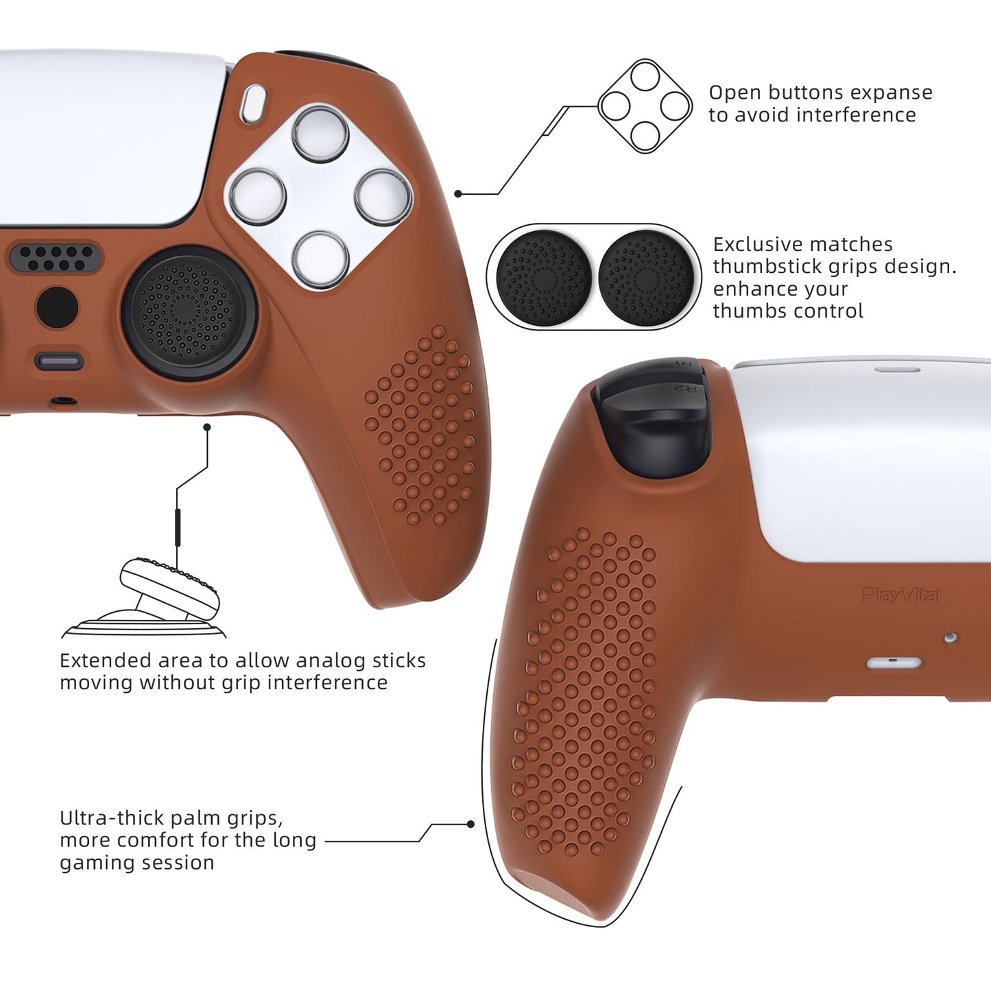 PlayVital 3D Studded Edition Anti-Slip Silicone Cover Skin with Thumb Grip Caps for PS5 Wireless Controller - Signal Brown - TDPF032 PlayVital