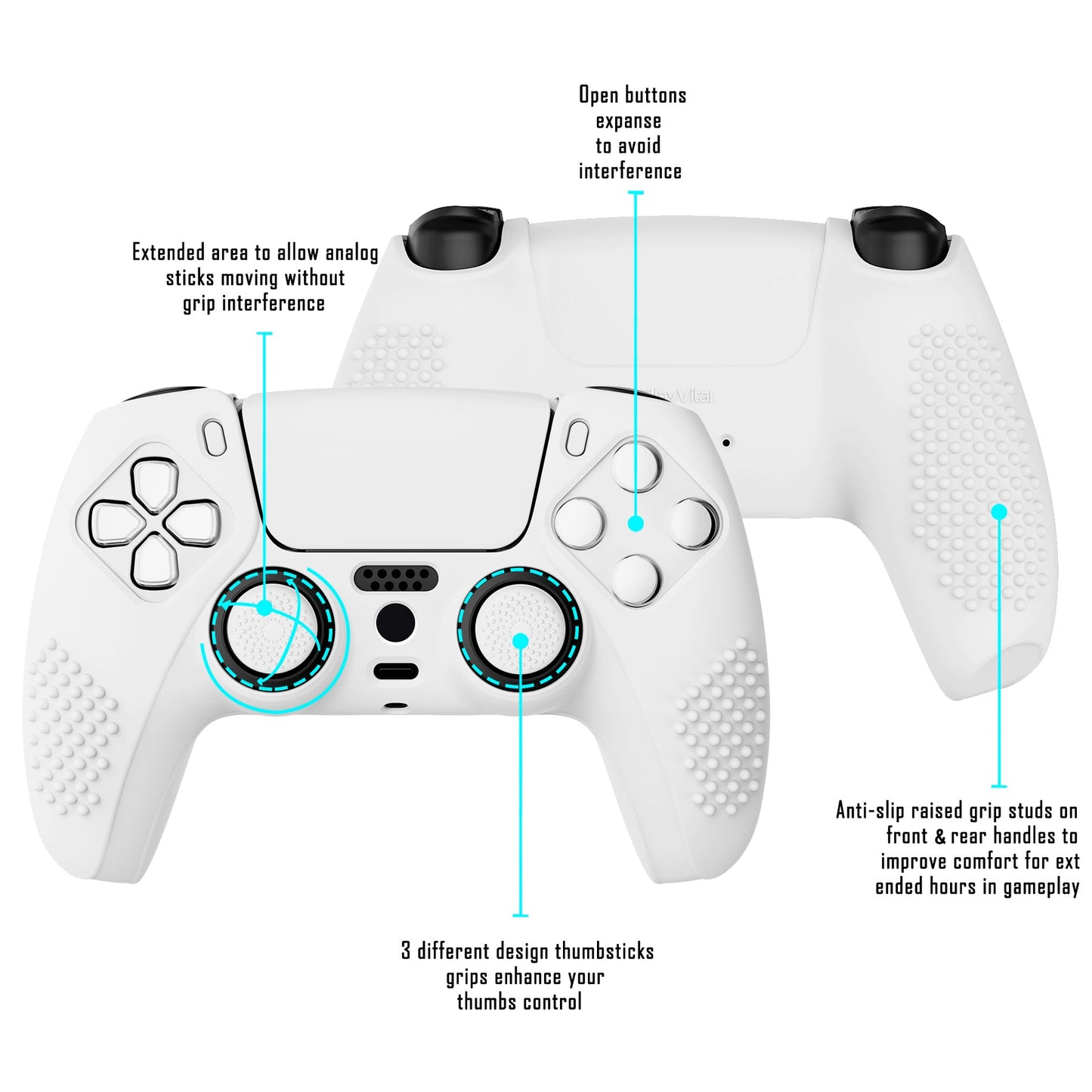 PlayVital 3D Studded Edition Anti-Slip Silicone Cover Skin with Thumb Grip Caps for PS5 Wireless Controller - White - TDPF002 PlayVital